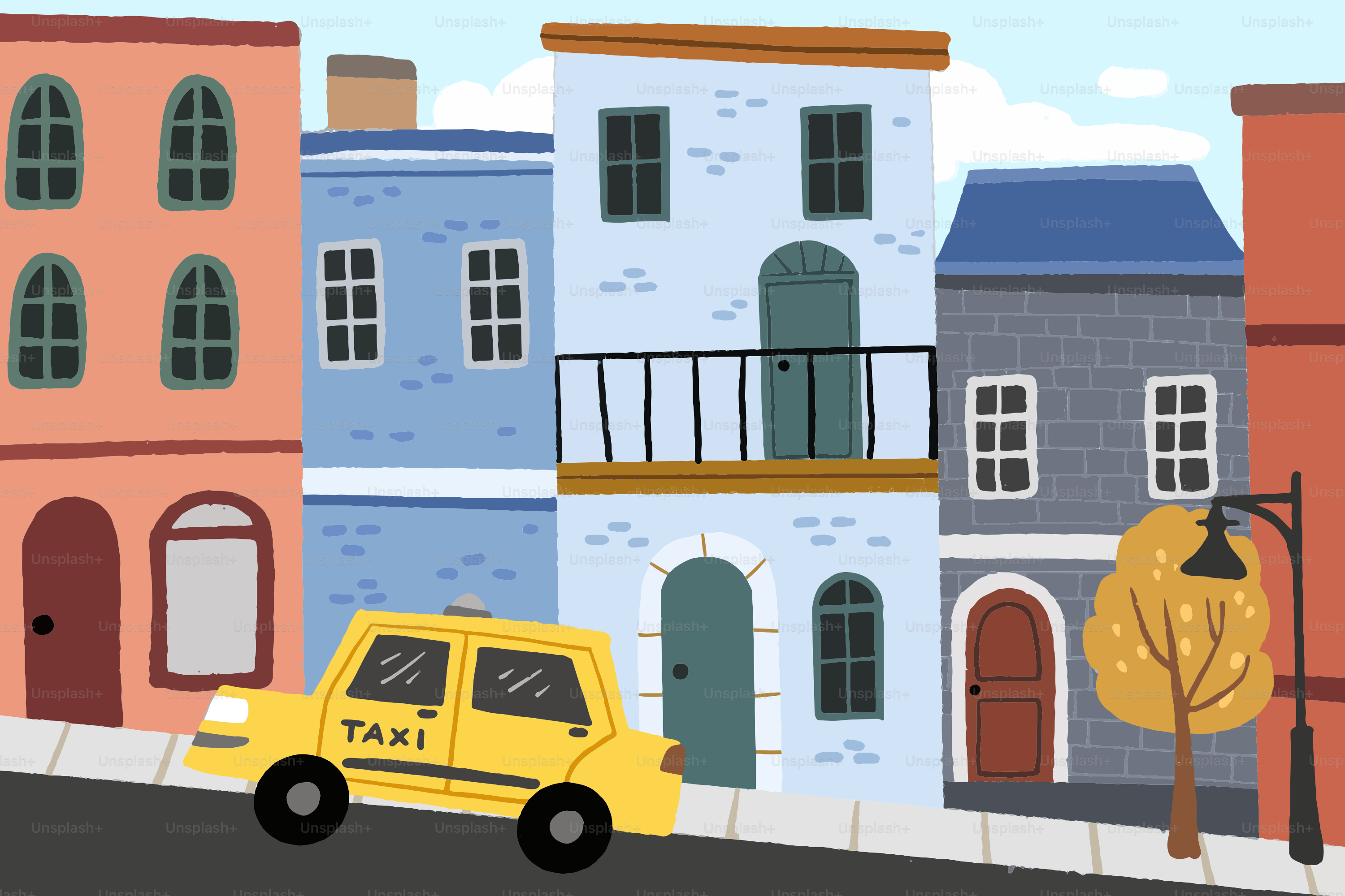 Yellow taxi drives down a city street.