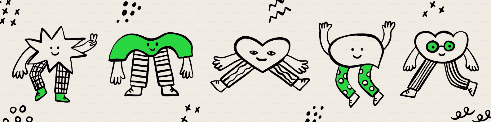 Five cartoon characters with legs and arms