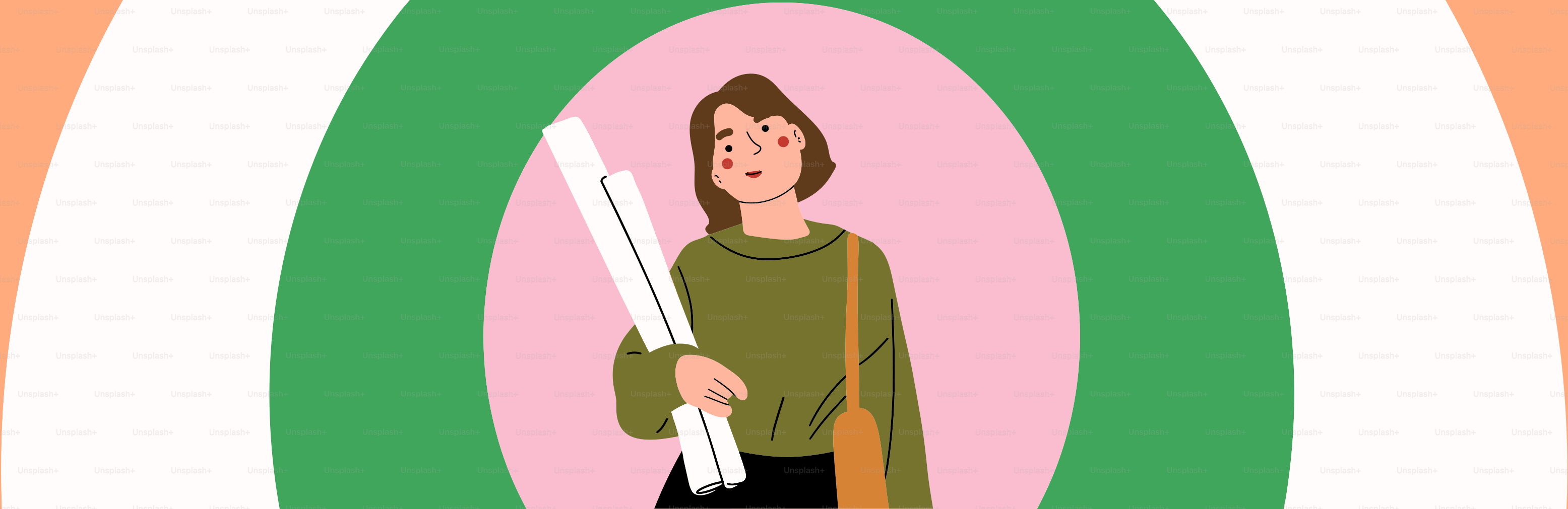 Frau hält gerollte Papiere mit einer Tragetasche