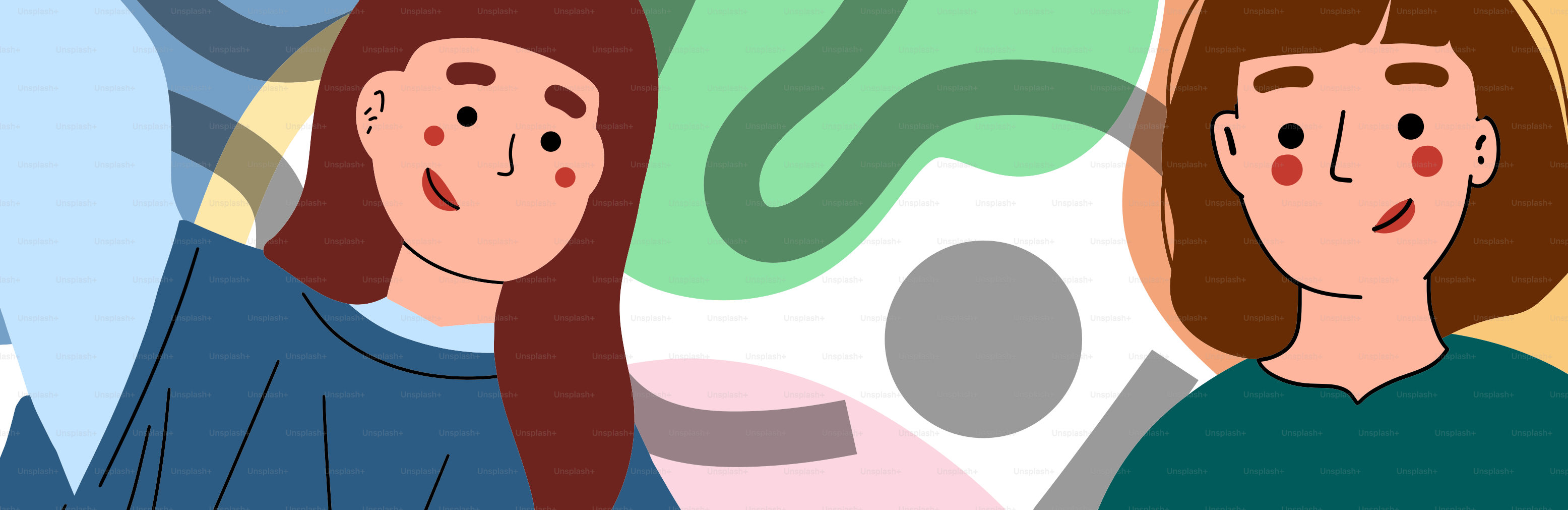 Two stylized women with abstract background shapes