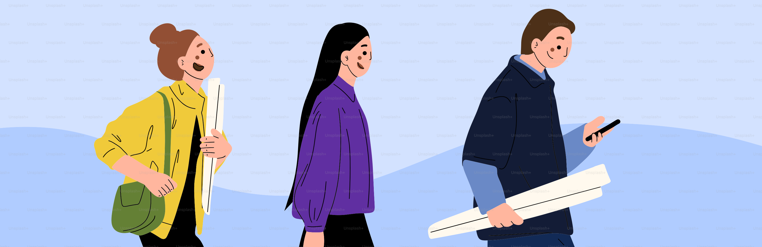 Drei Personen, die in einer Reihe gingen und Papiere hielten.