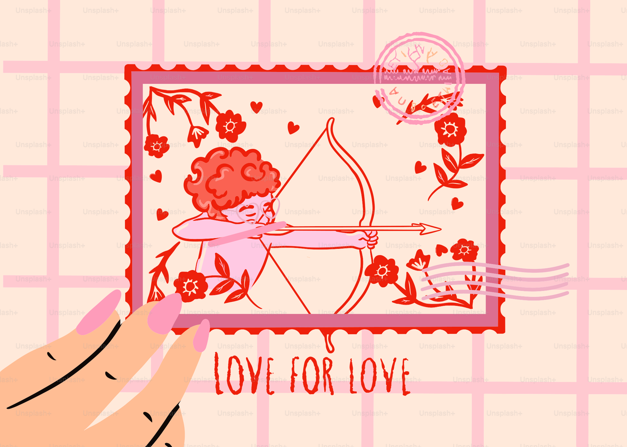 Amor zielt mit Bogen und Pfeil auf eine Vintage-Briefmarke.