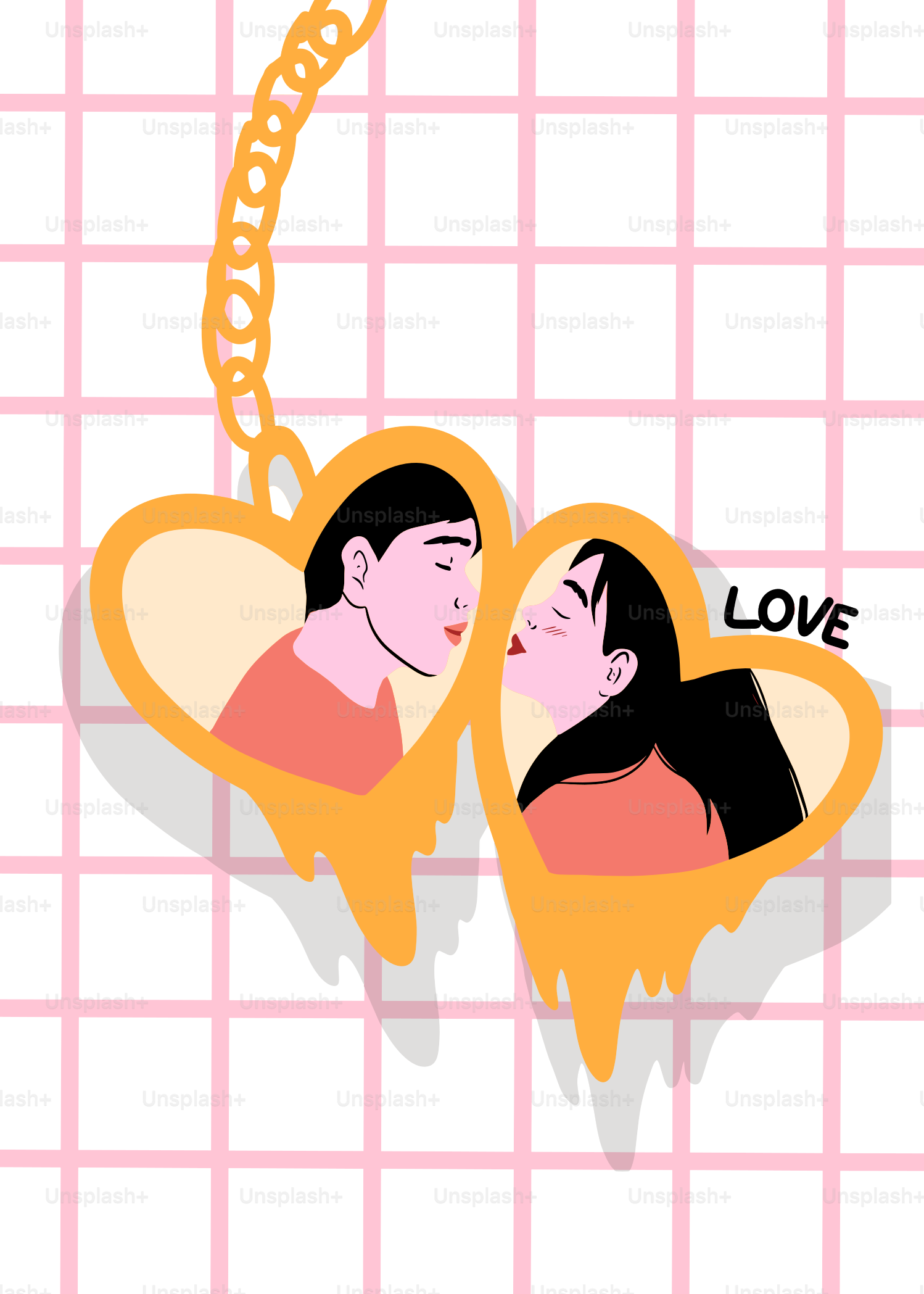 Two hearts with couple kissing, word love.