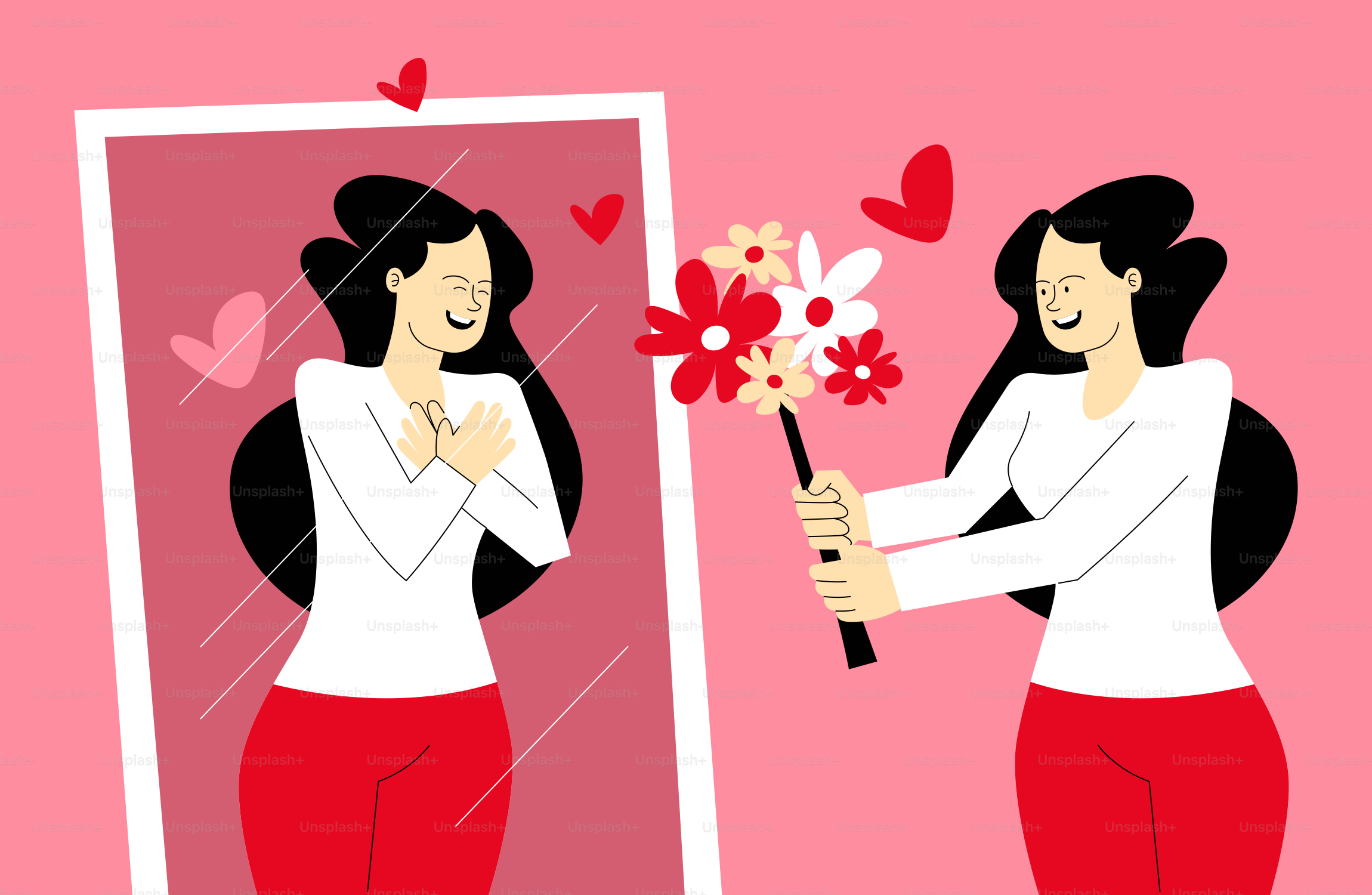 Wanita memegang bunga melihat bayangannya