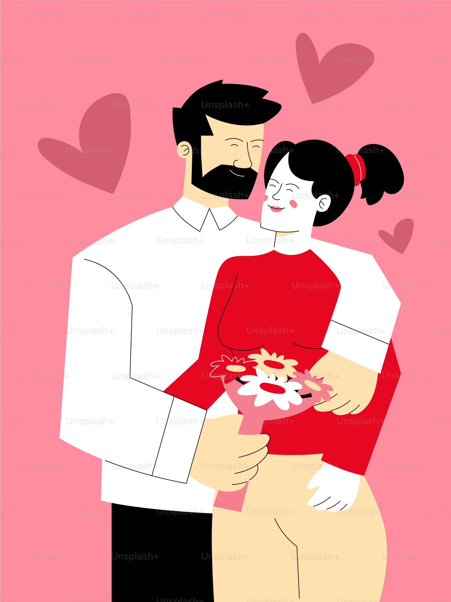 Couple s’enlaçant avec des fleurs sur fond rose