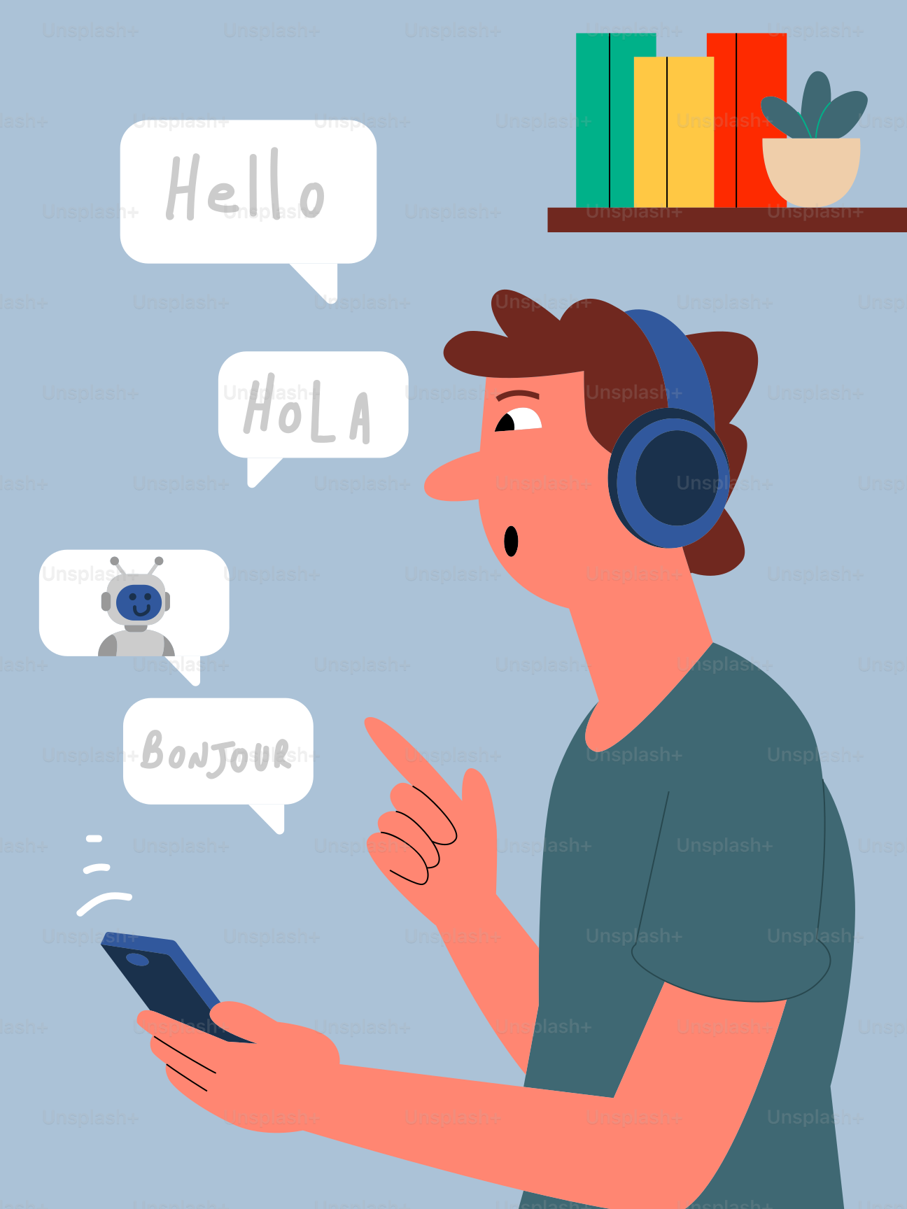 Ein Mann mit Kopfhörern benutzt das Handy zur Sprachübersetzung.