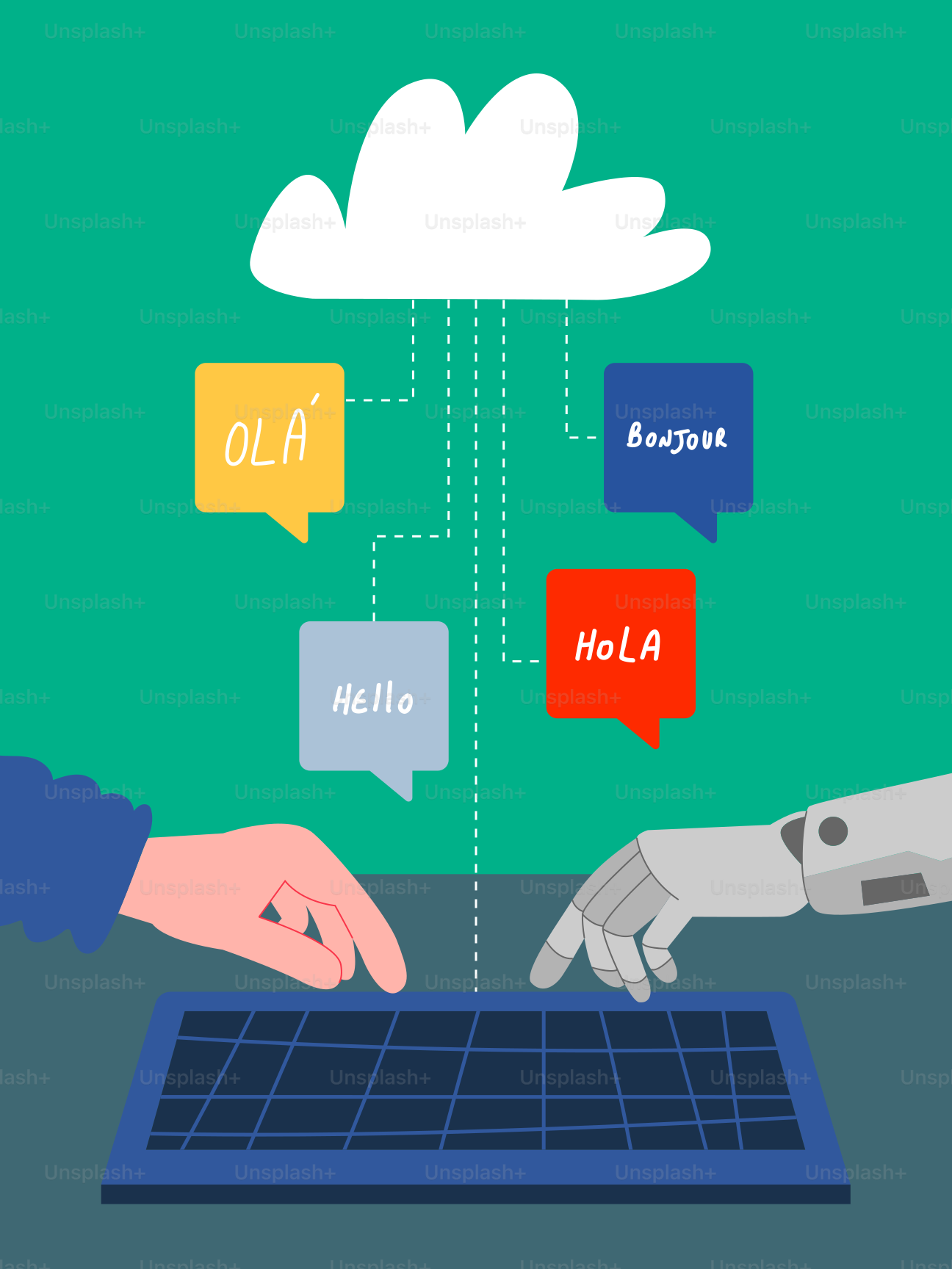 Cloud verbindet menschliche und robotische Grüße beim Tippen in verschiedenen Sprachen.