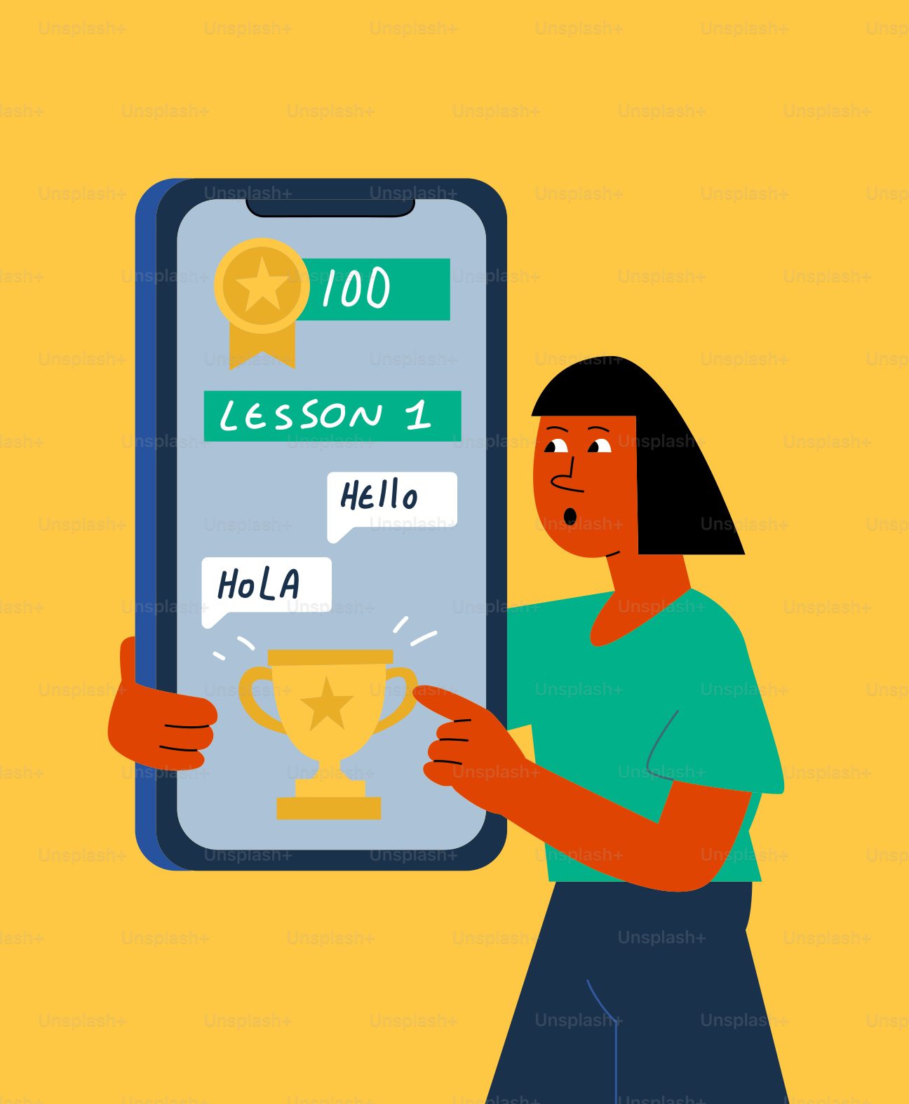 Frau lernt Sprache am Handy mit Trophäensymbol.