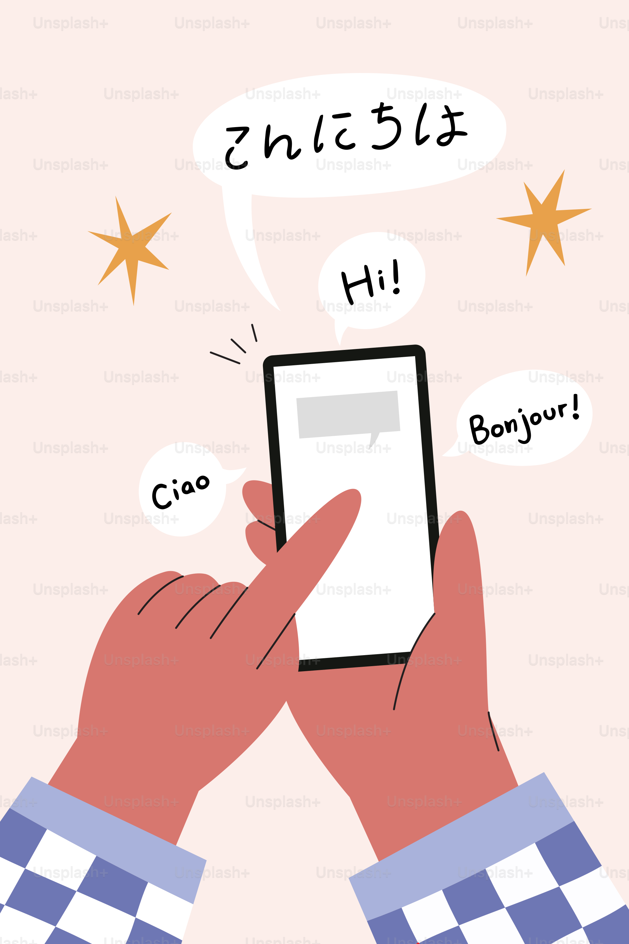 Hands holding a smartphone with greetings in different languages.