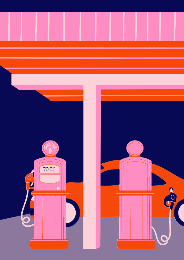 Two pink gas pumps at a station with a car