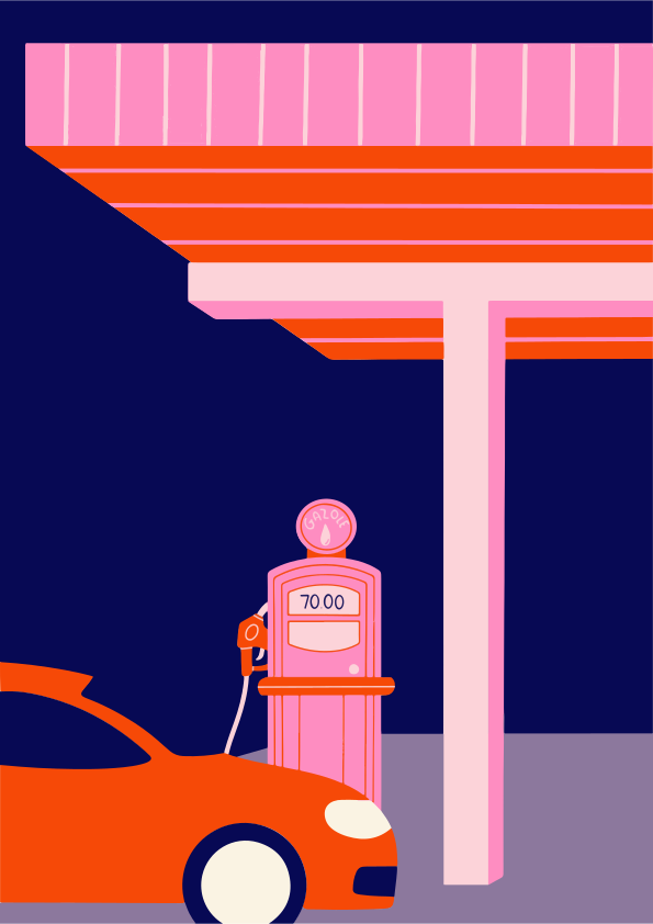 Oranges Auto nachts an einer pinken Zapfsäule