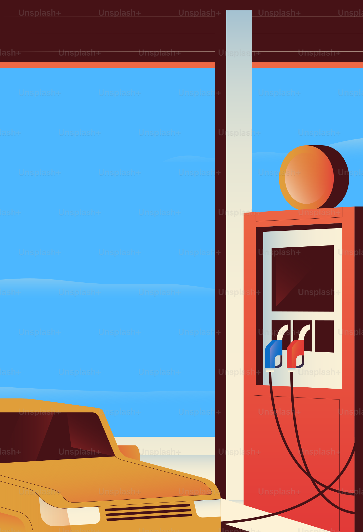 Yellow car at a gas station with blue sky.