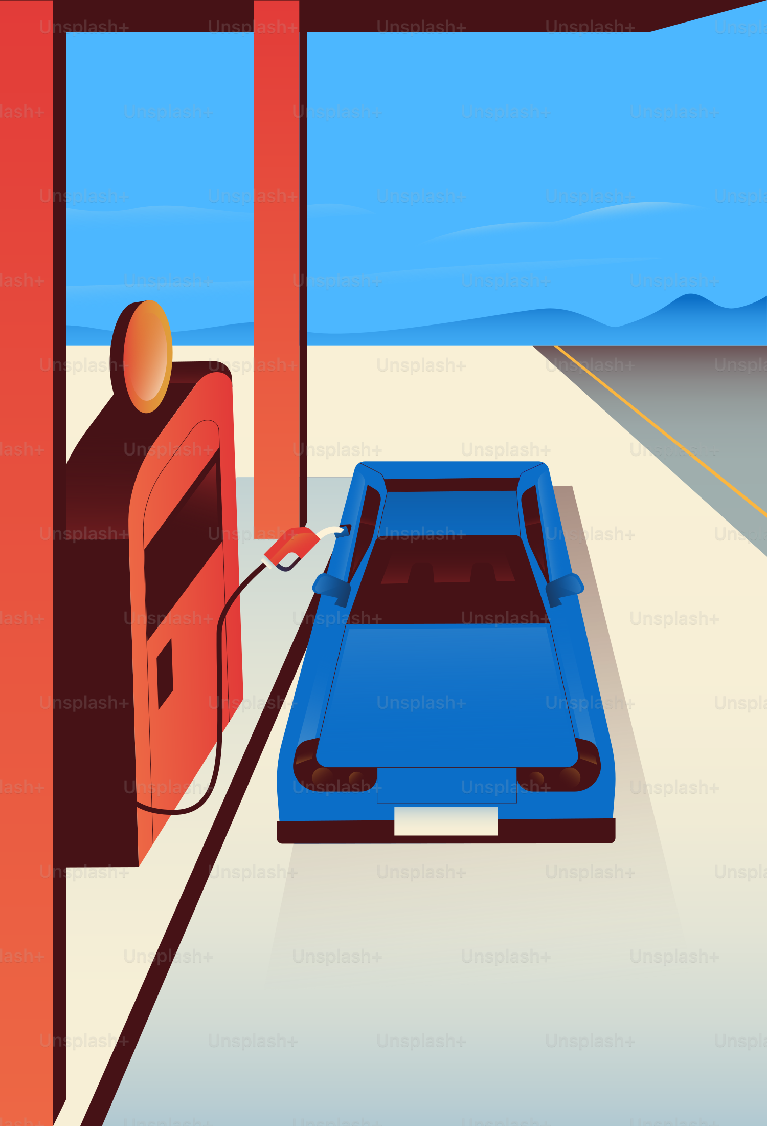 Blue car refueling at a gas station.