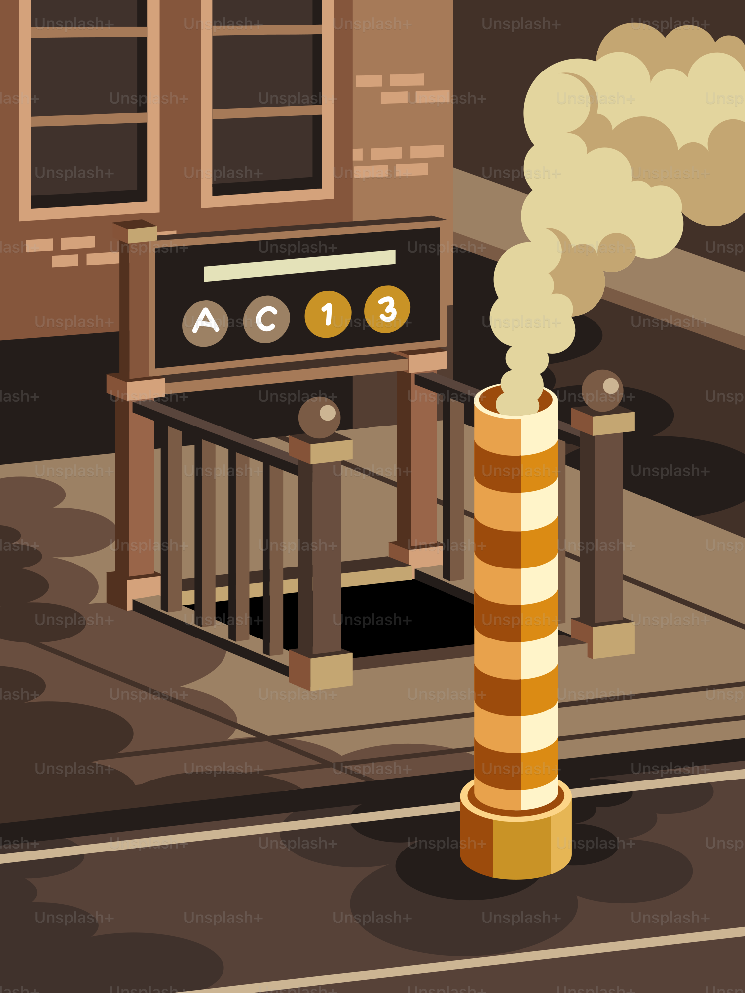 Subway entrance with steam rising from pipe.