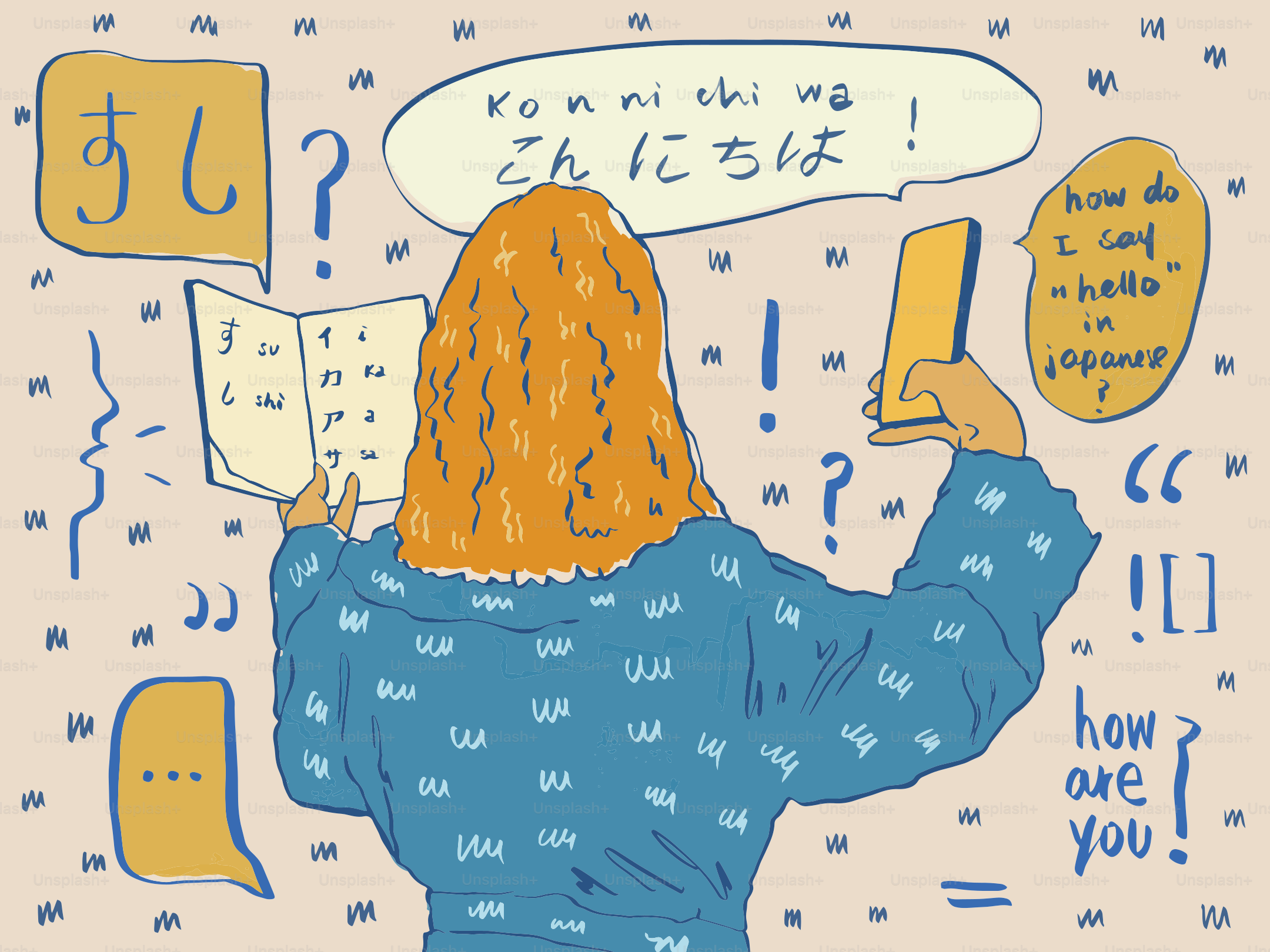 Person learning japanese with phone and book.