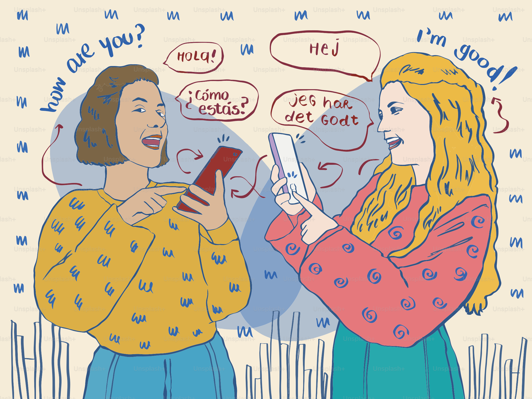 Zwei Frauen, die über Übersetzungs-Apps auf Handys kommunizieren.