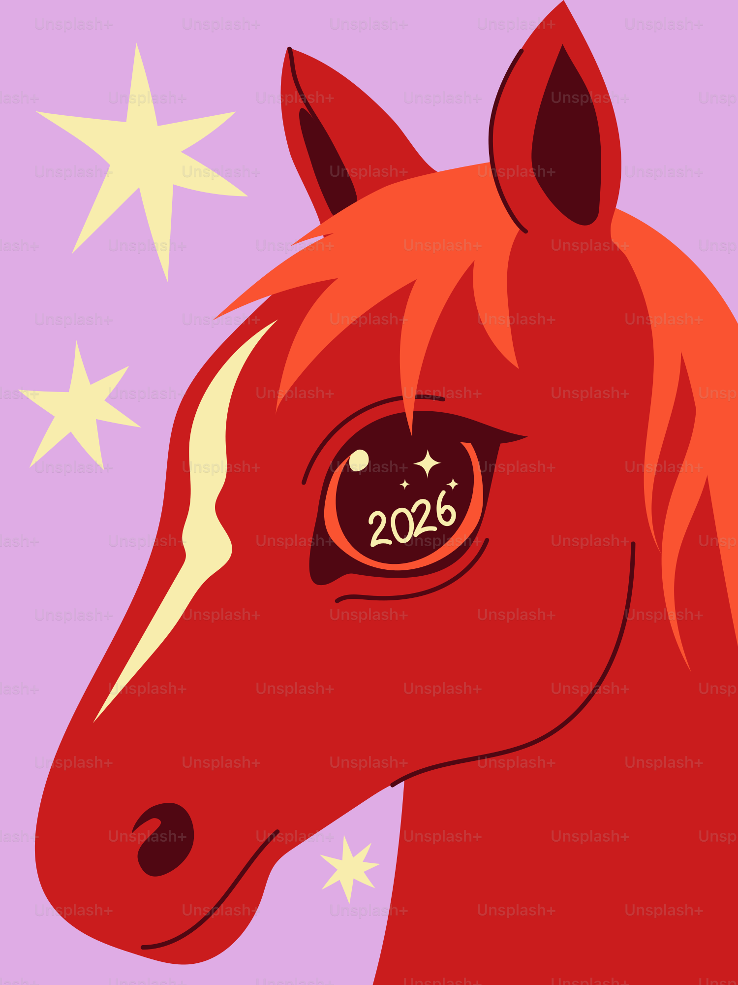 Cavallo rosso con stelle e l'anno 2026