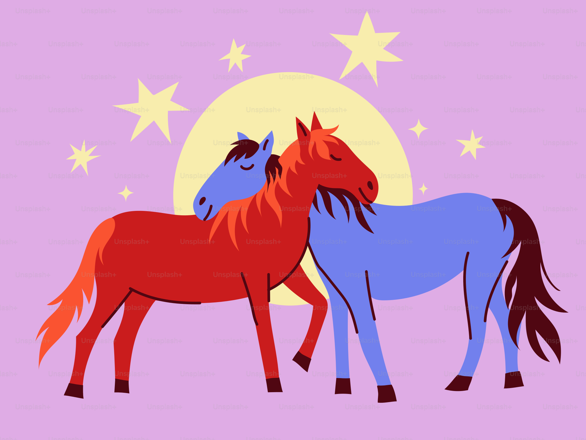Dos caballos estilizados abrazados bajo una luna.