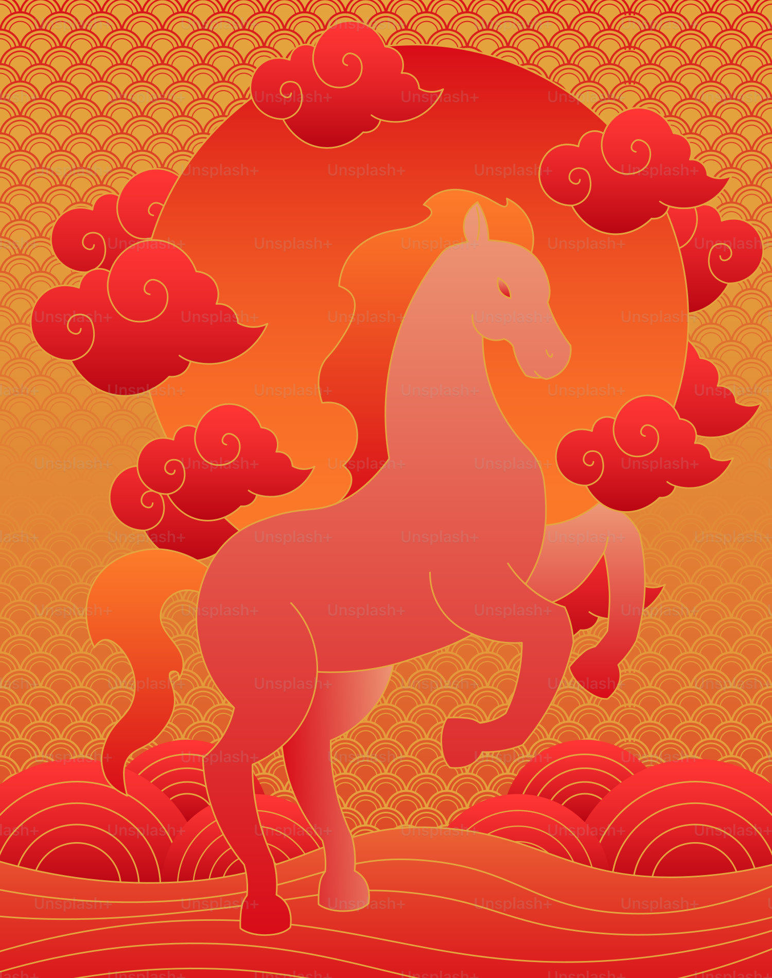 A stylized horse with clouds and sun