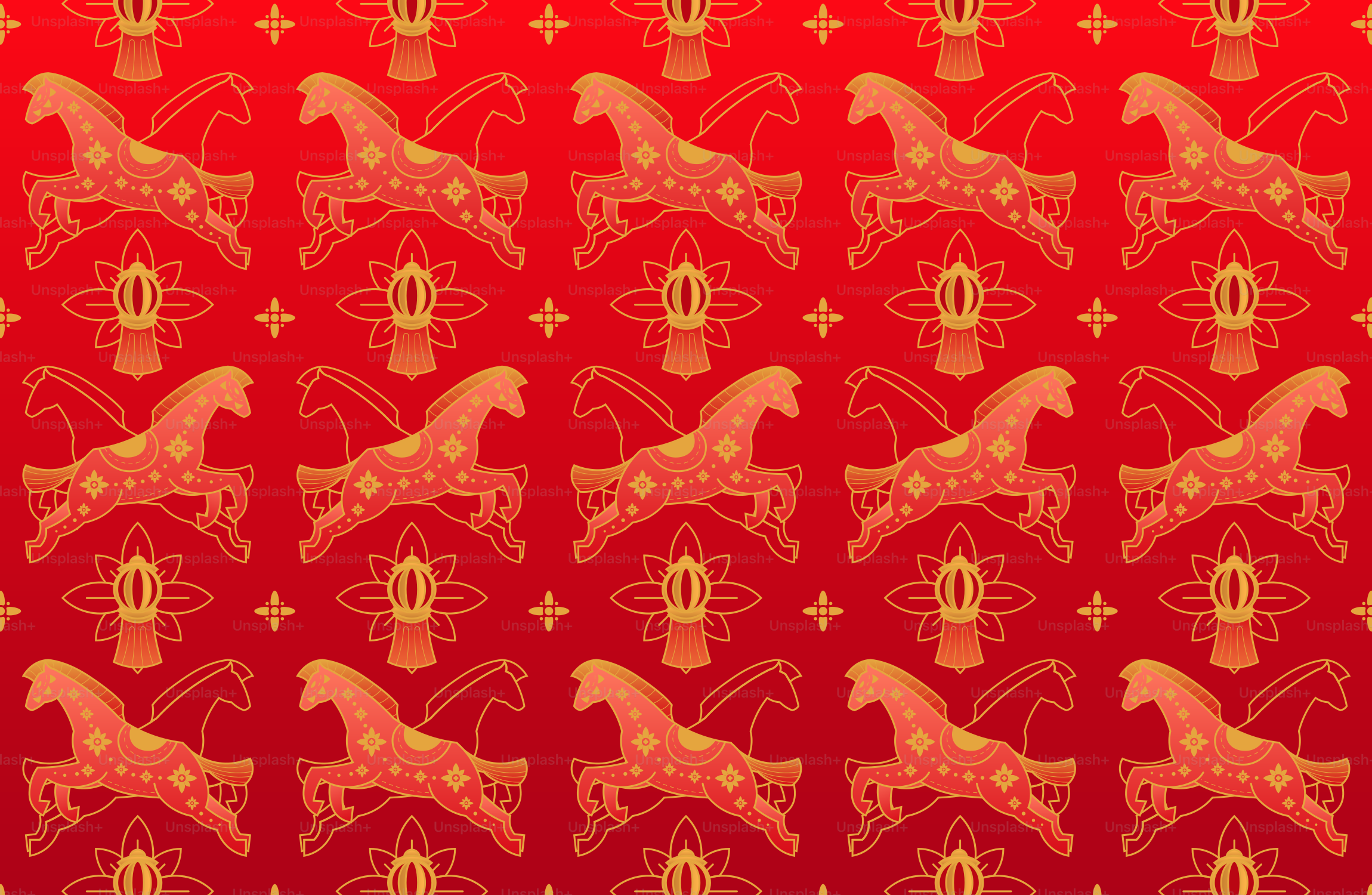 Motif sans couture de chevaux de carrousel dorés sur fond rouge