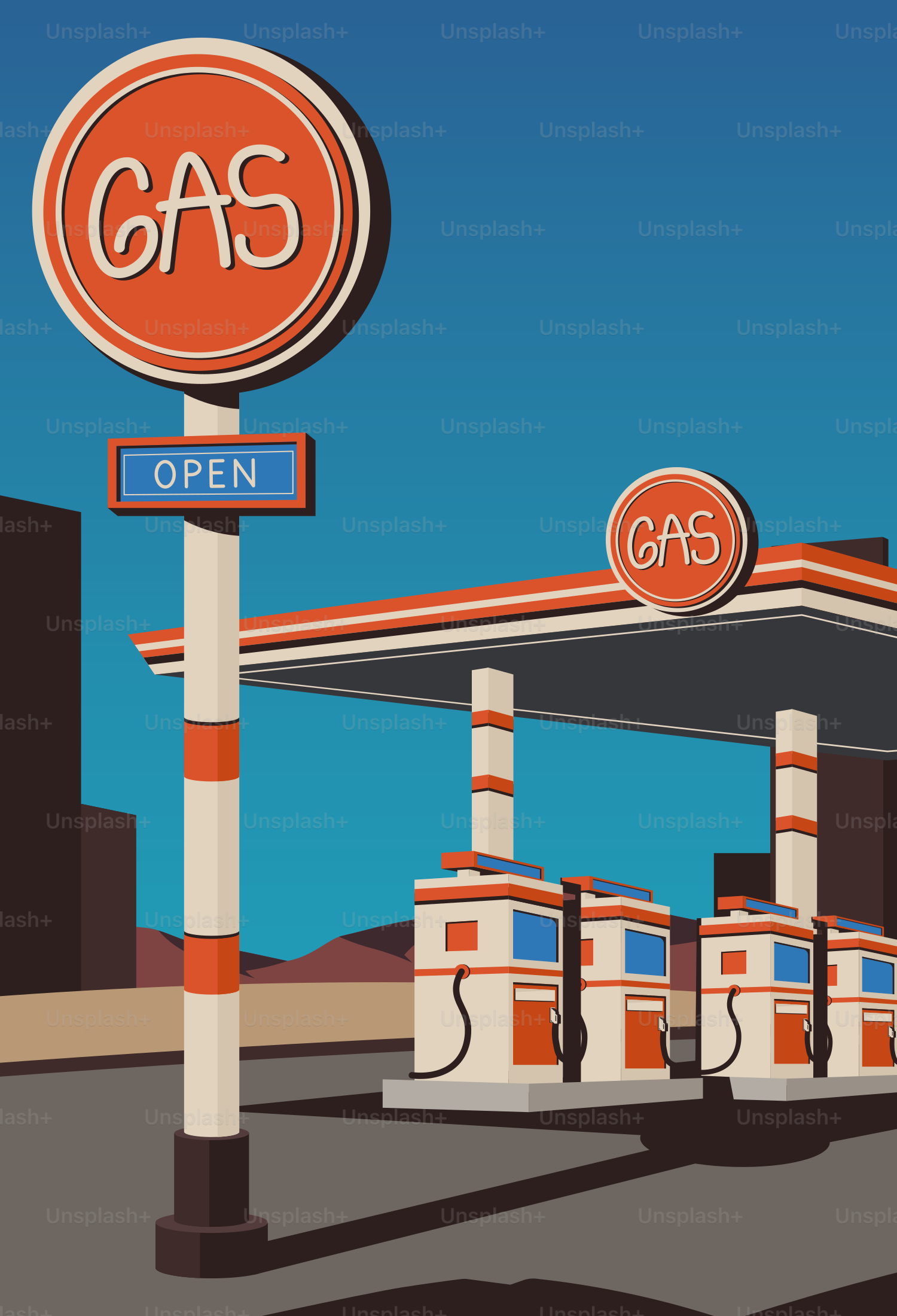 Retro gas station with pumps under canopy