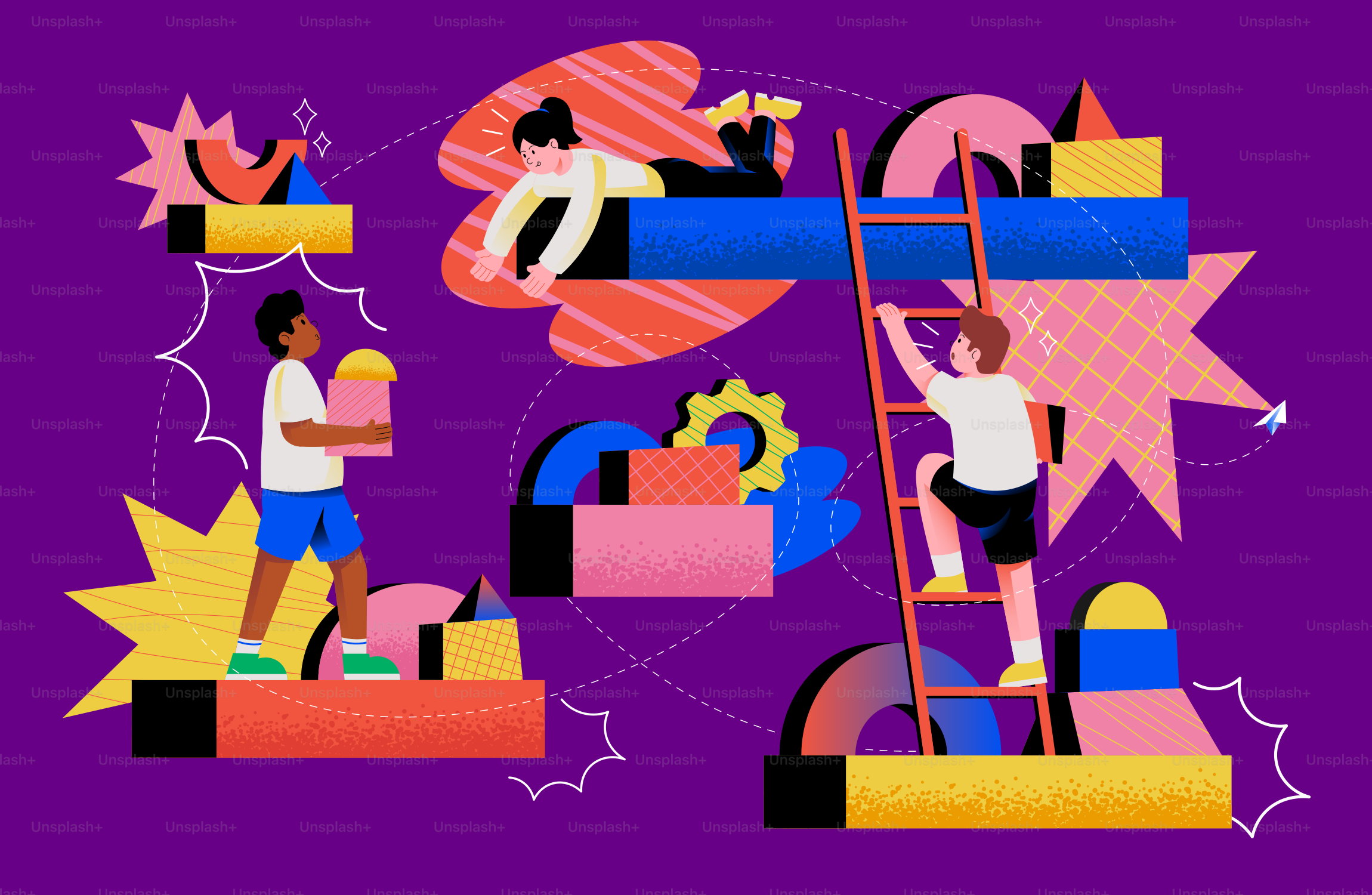 Children building with colorful abstract shapes and blocks.