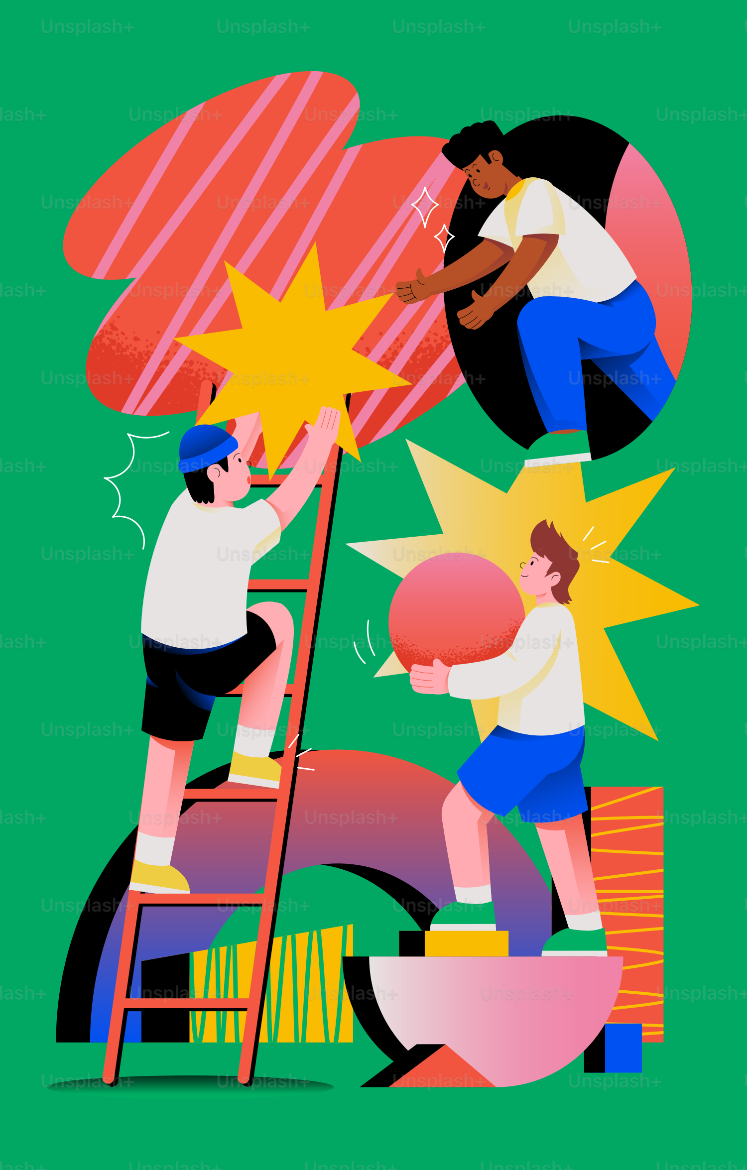 Trabajo en equipo ensamblando formas abstractas y estrellas