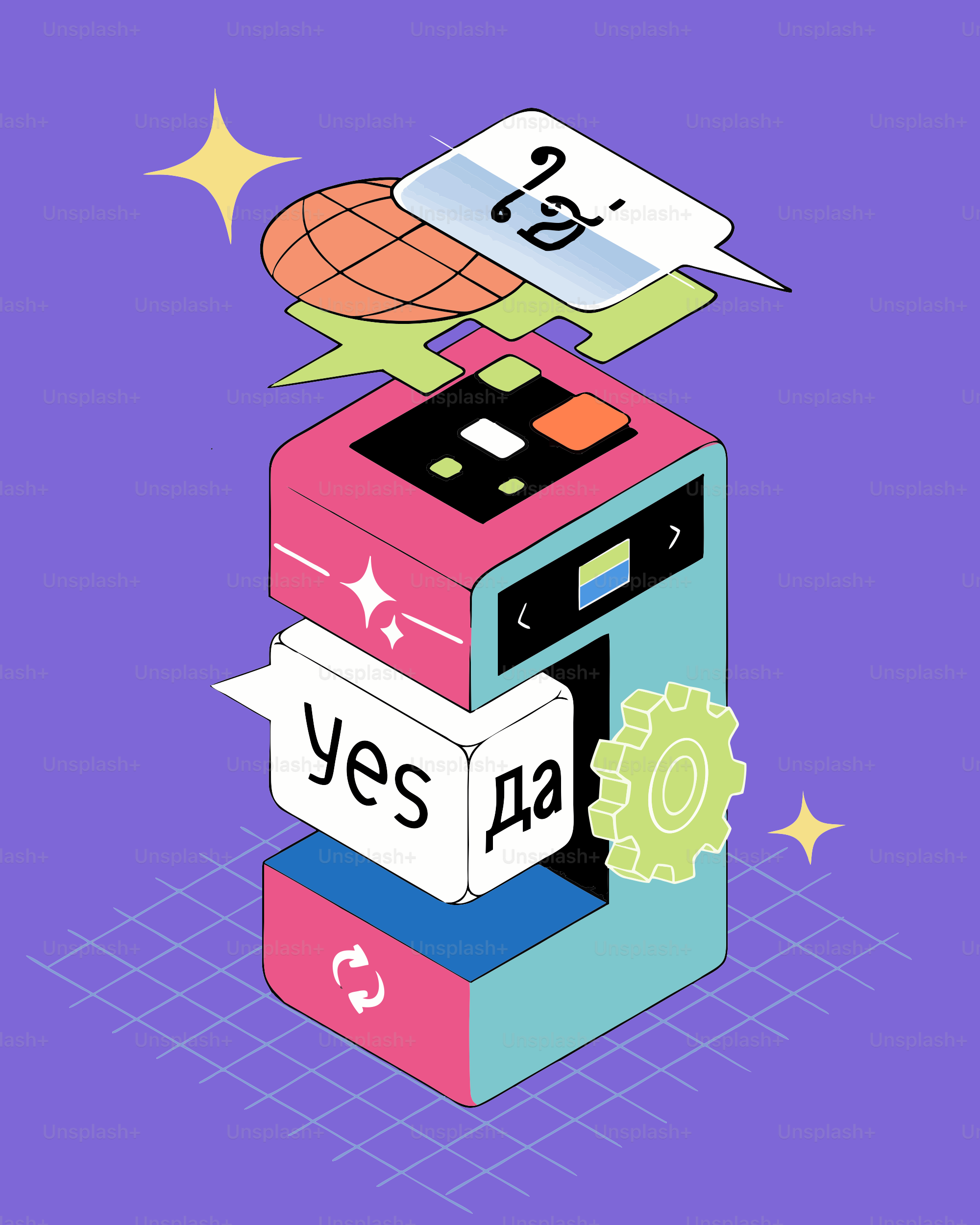 Abstrakte Maschine mit Sprechblasen und Zahnrädern.