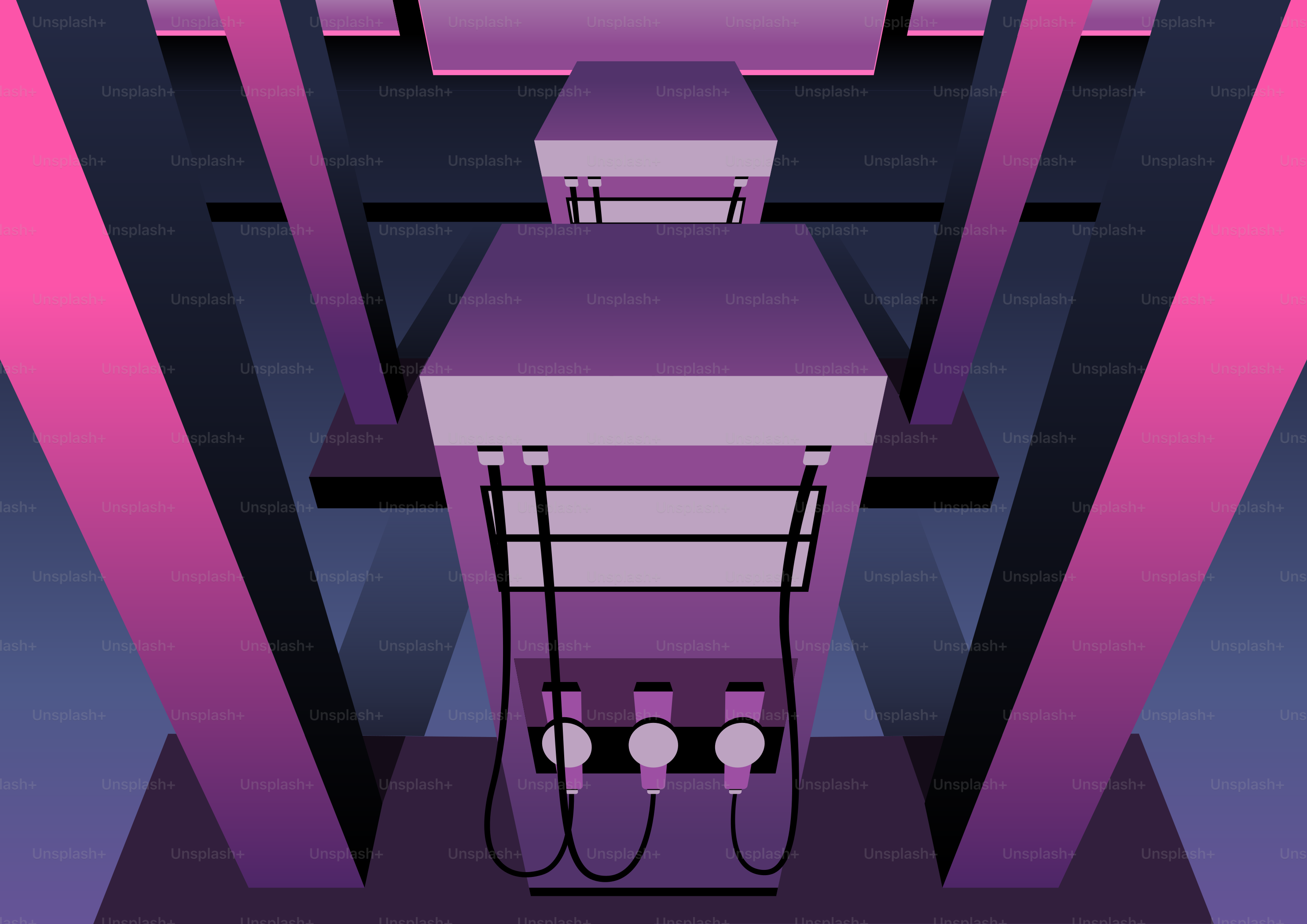 Geometric abstract industrial structure with pink and purple hues
