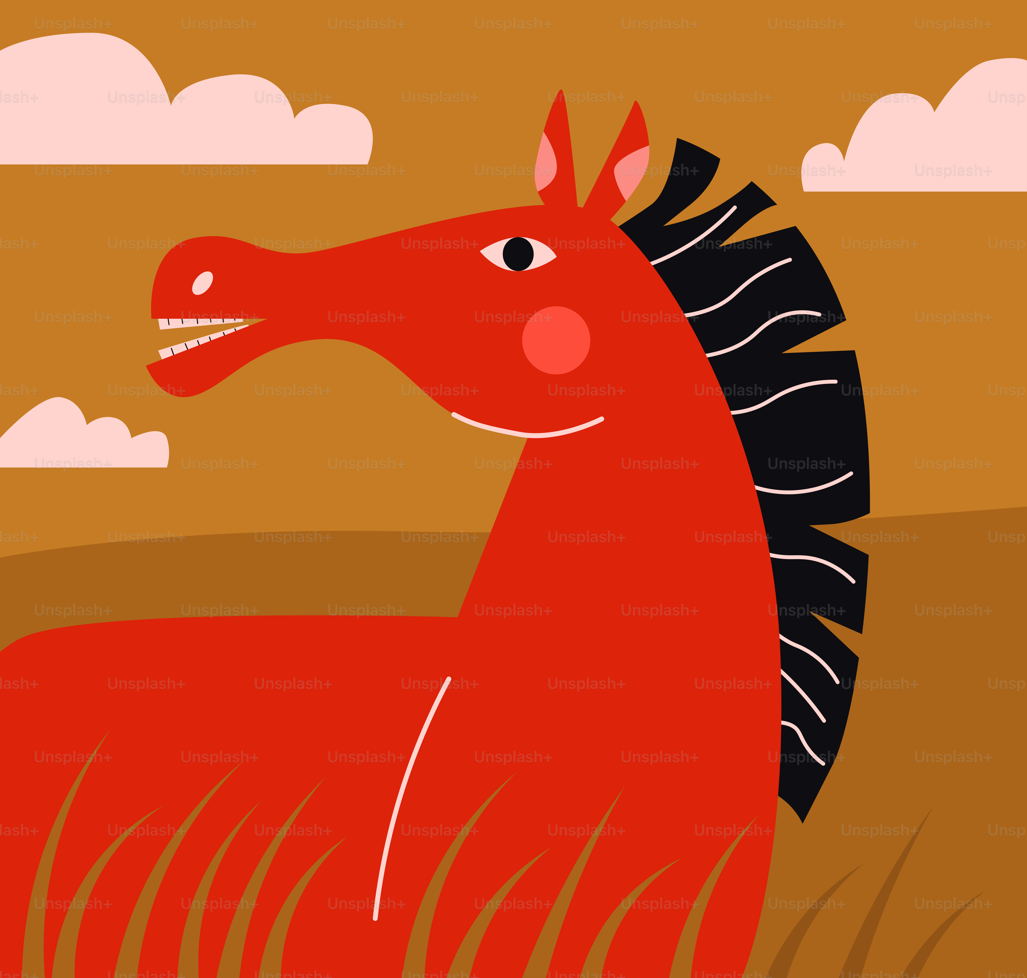 A stylized red horse in a field.