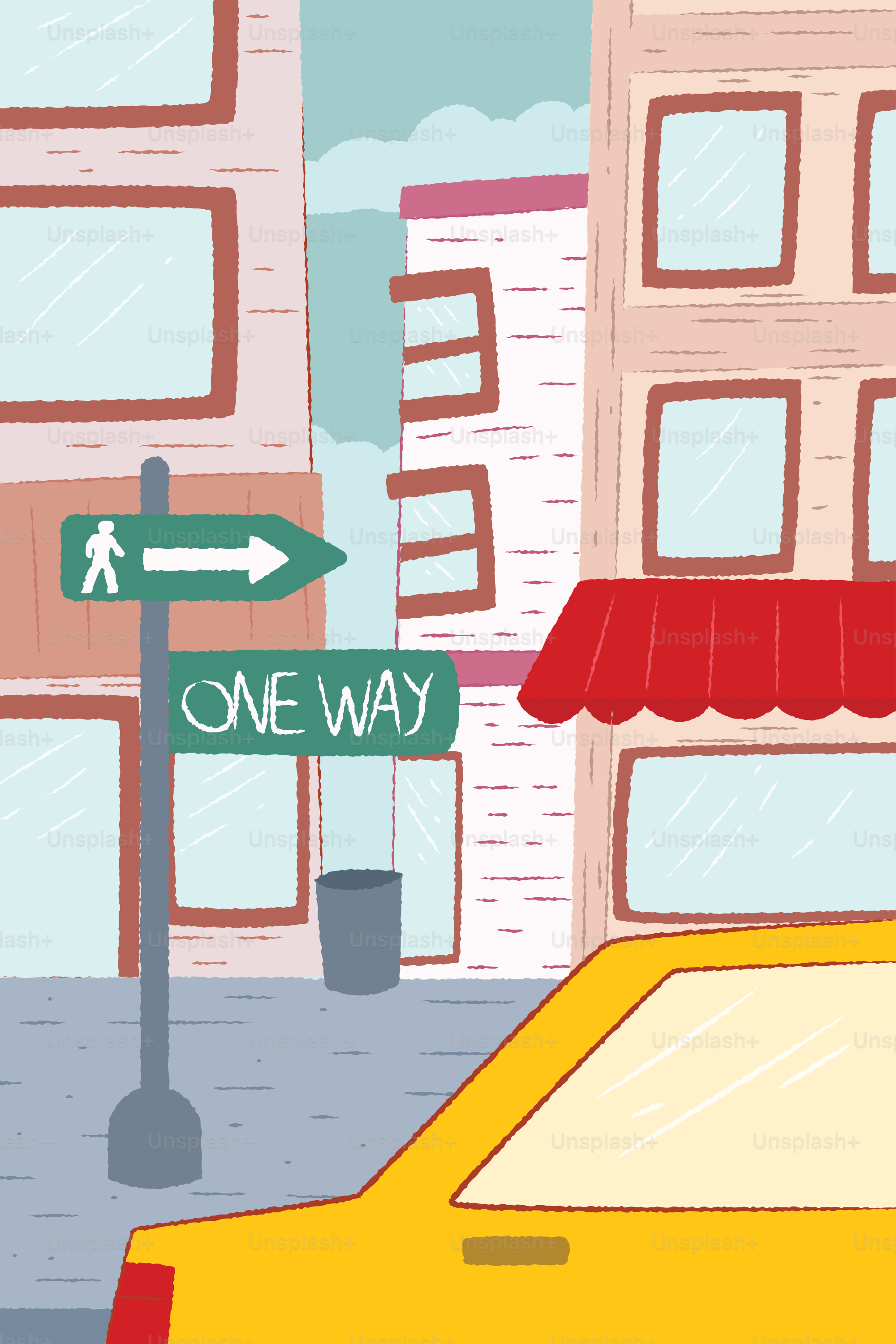 Yellow taxi on a city street with signs.