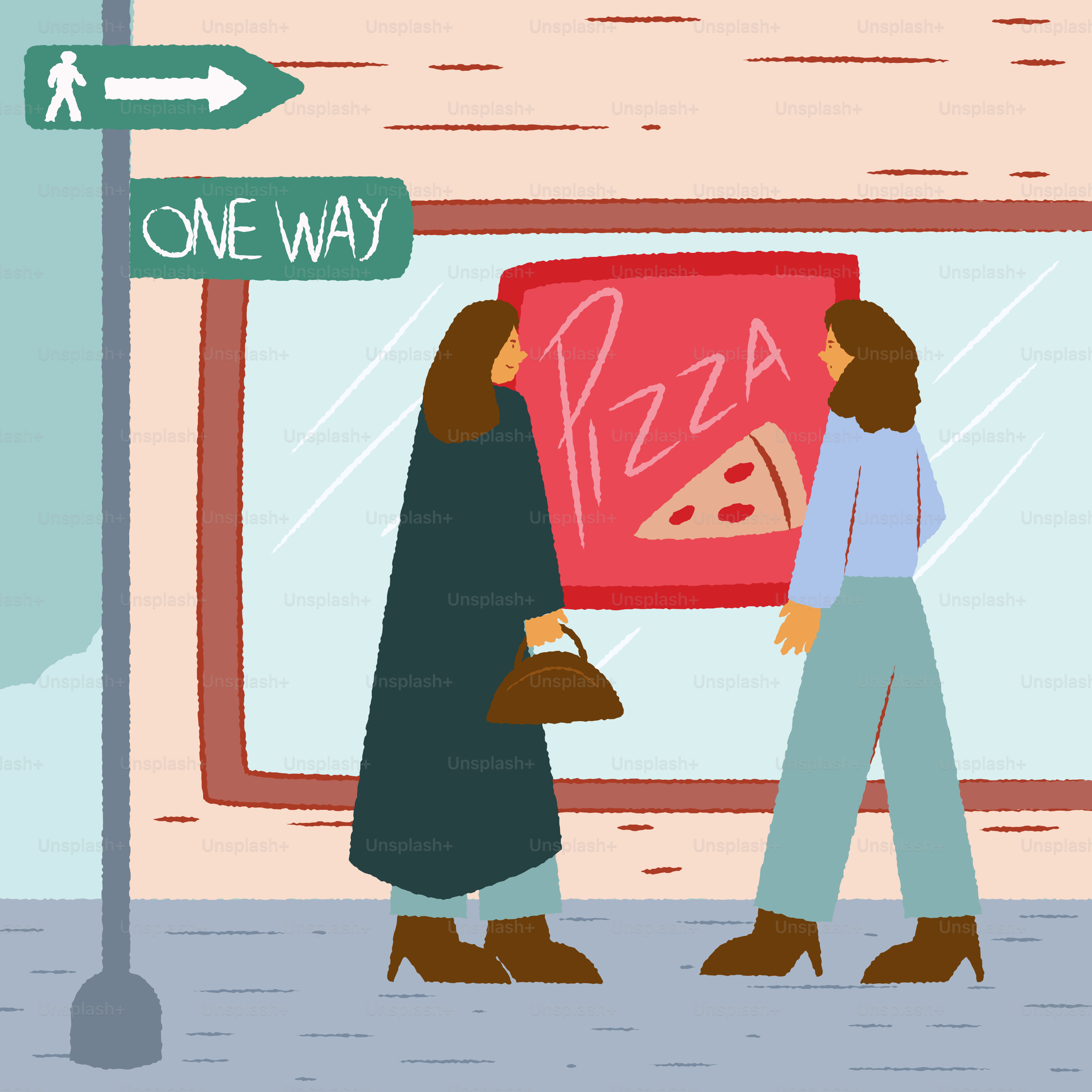 Two women look at a pizza restaurant sign.