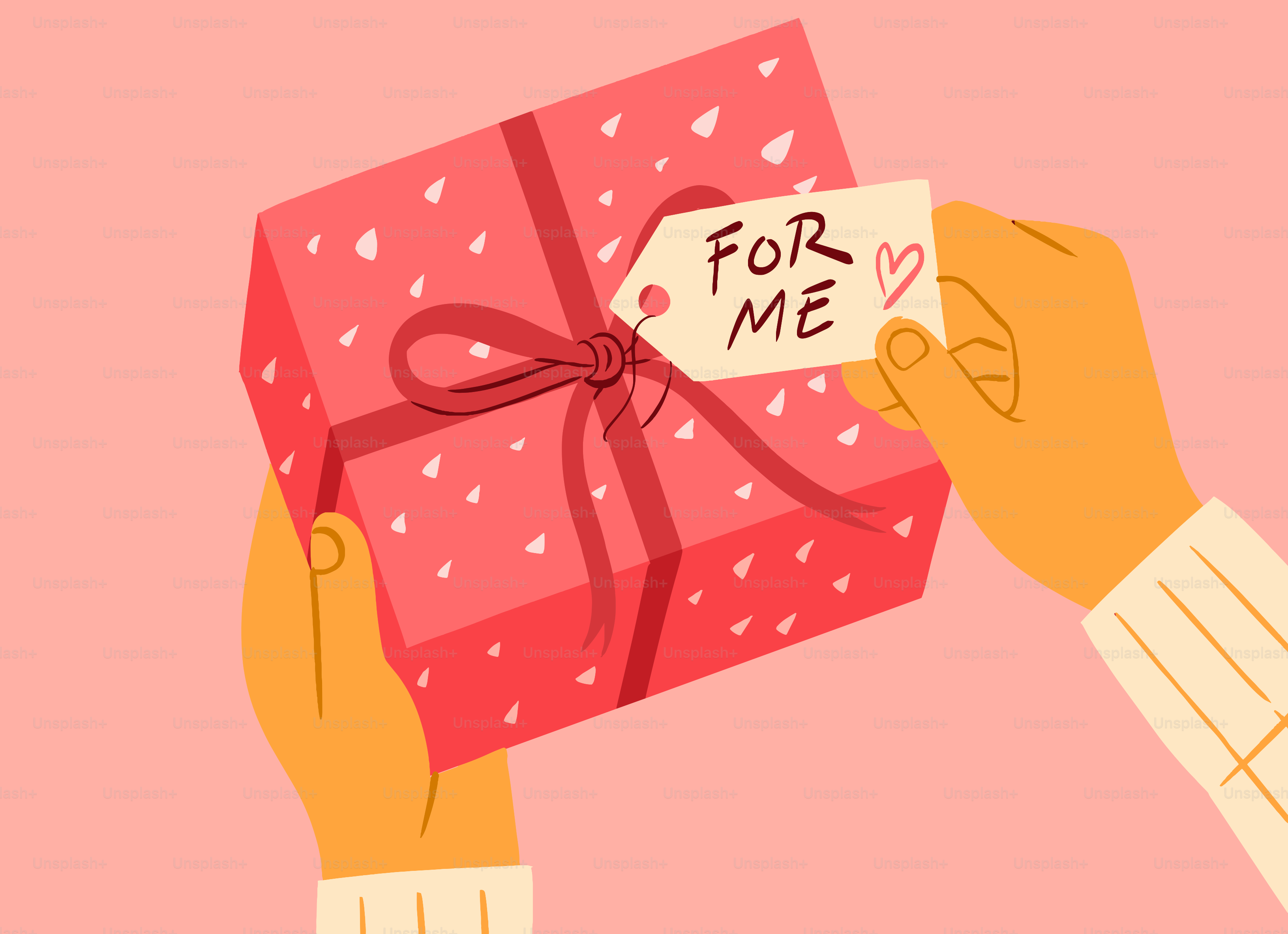 「For Me」と書かれたピンクのギフトボックスを手で持っている。