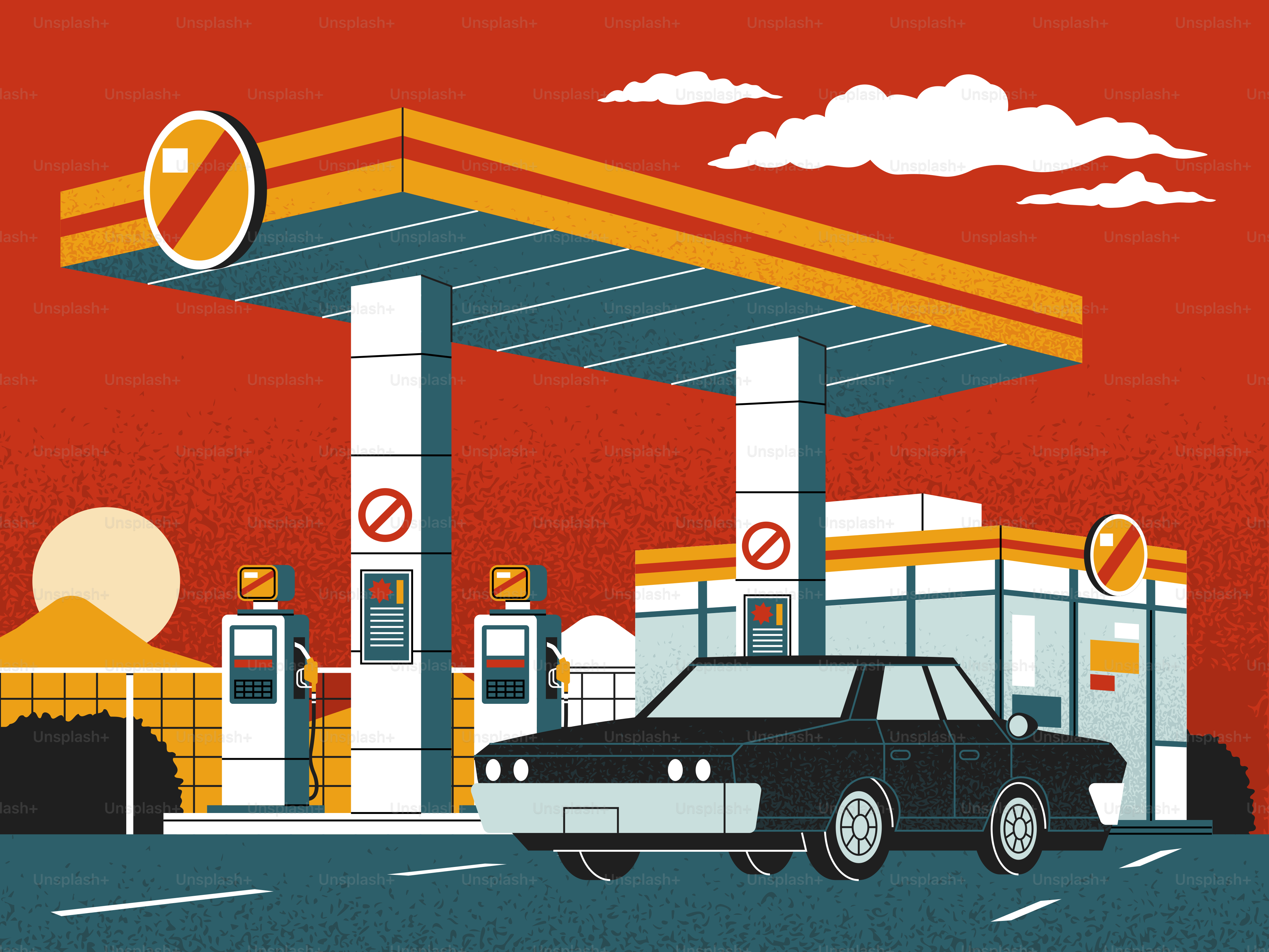 A car at a retro-style gas station