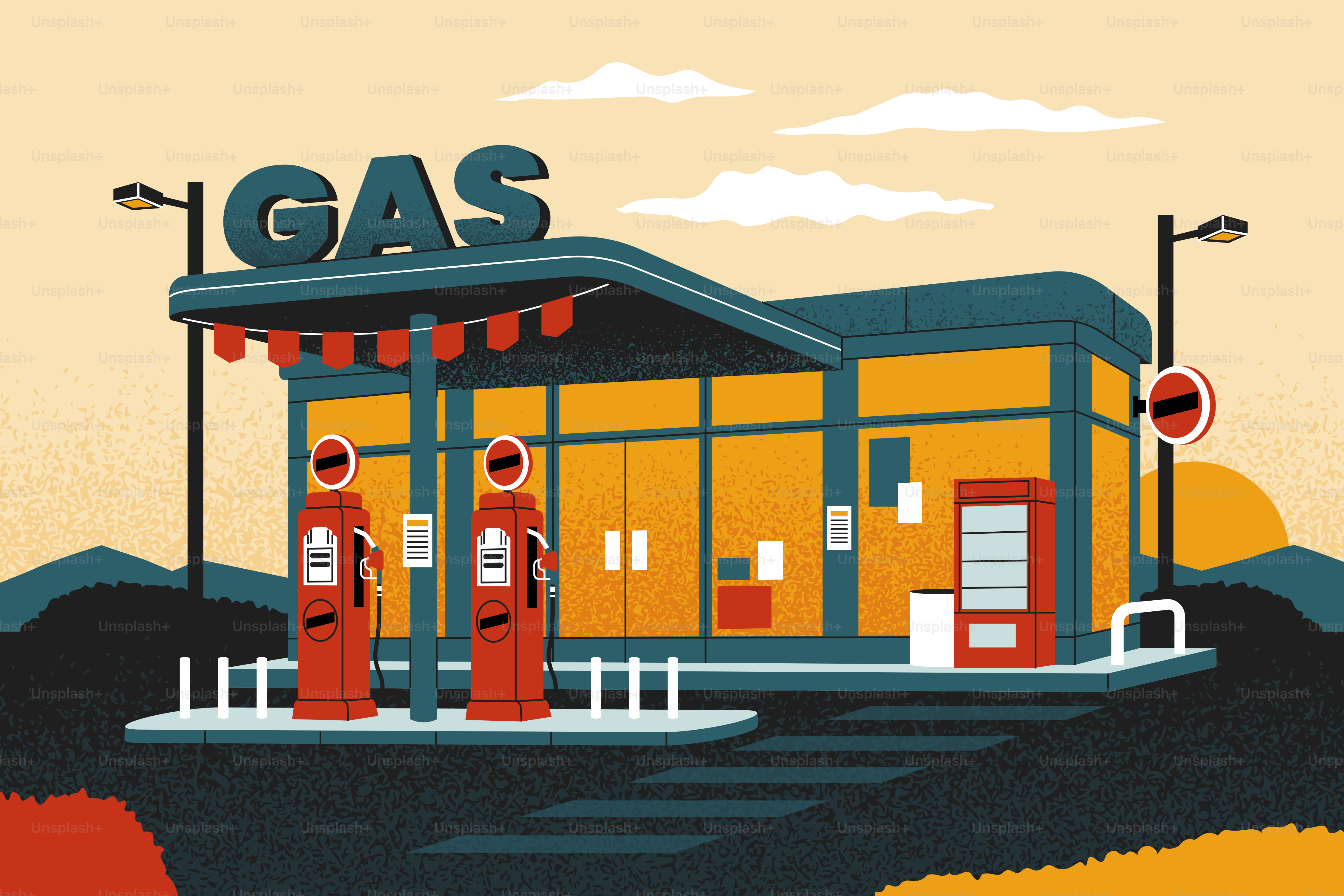 Retro gas station with vintage pumps at dusk