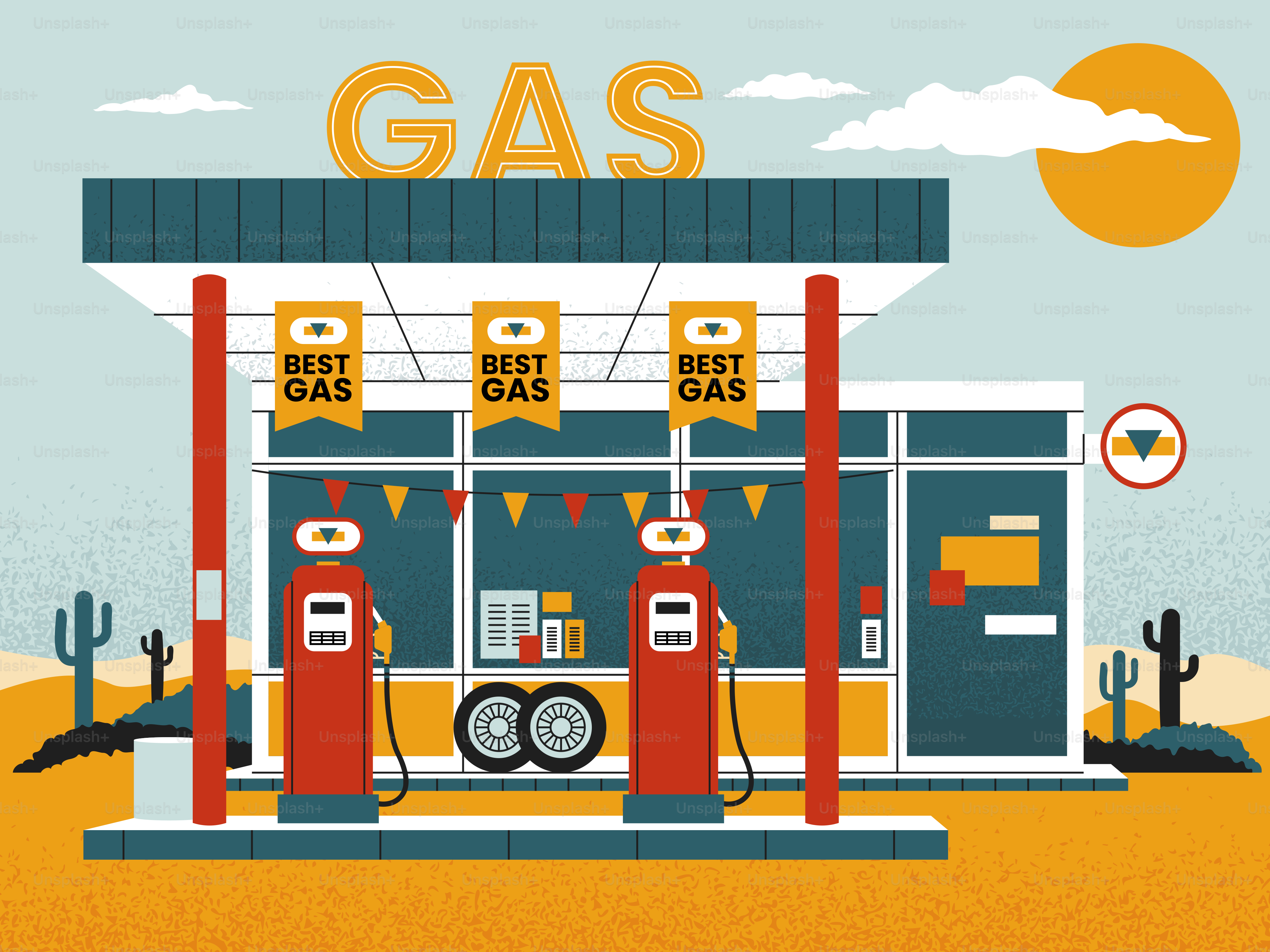 Retro gas station in a desert landscape.