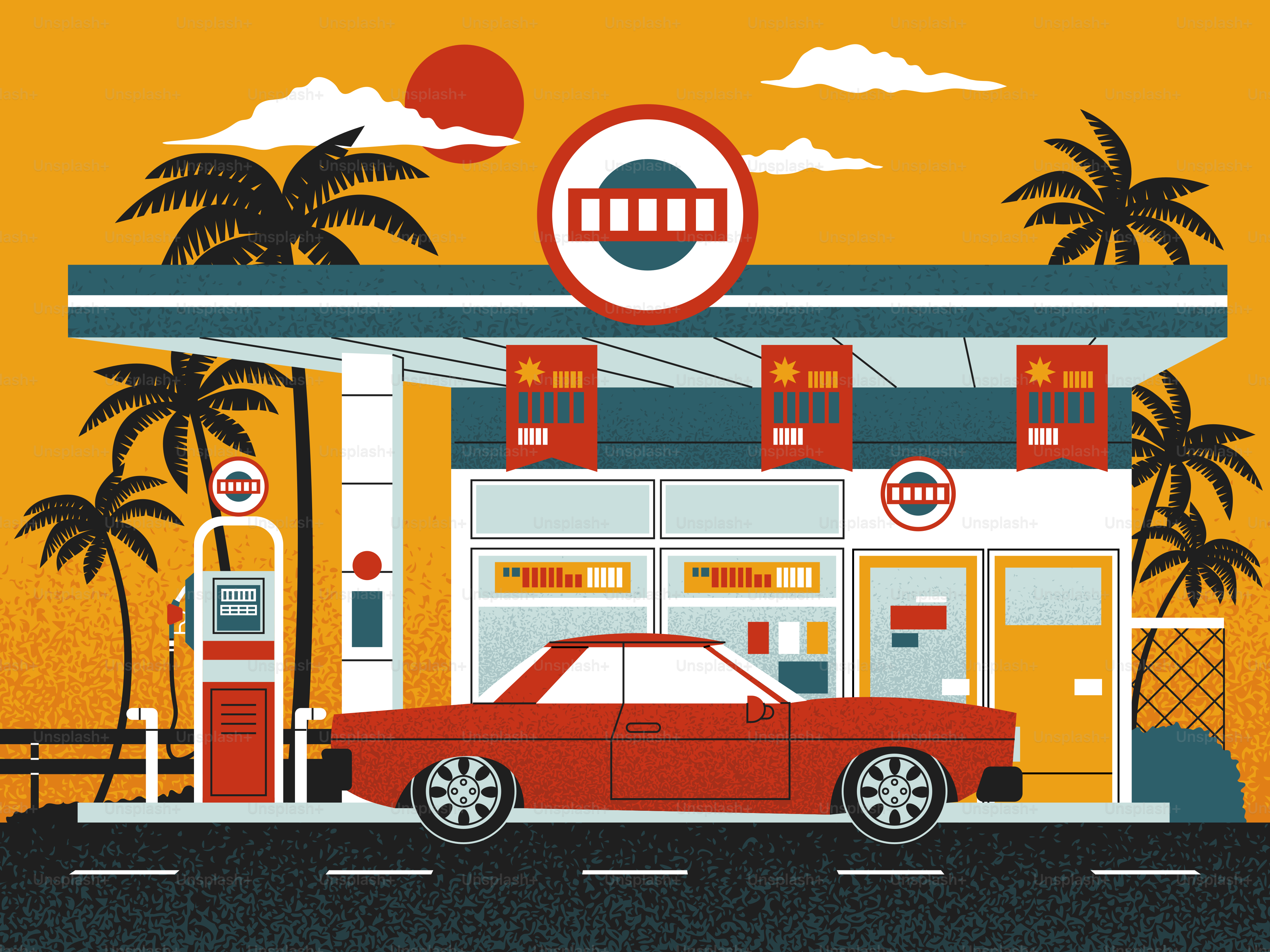 Retro car at a vintage gas station with palm trees.