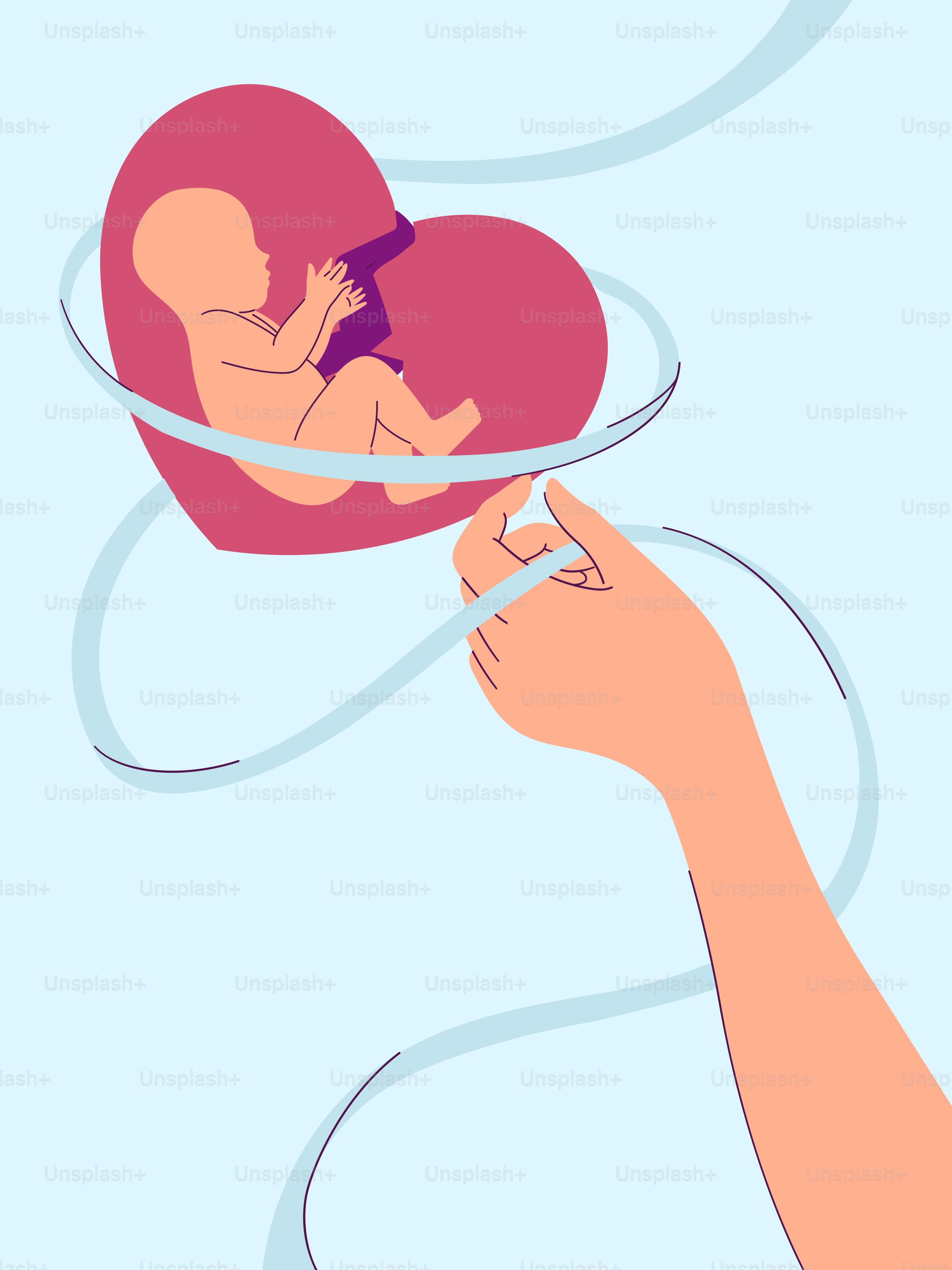 Baby in broken heart with hand holding cord