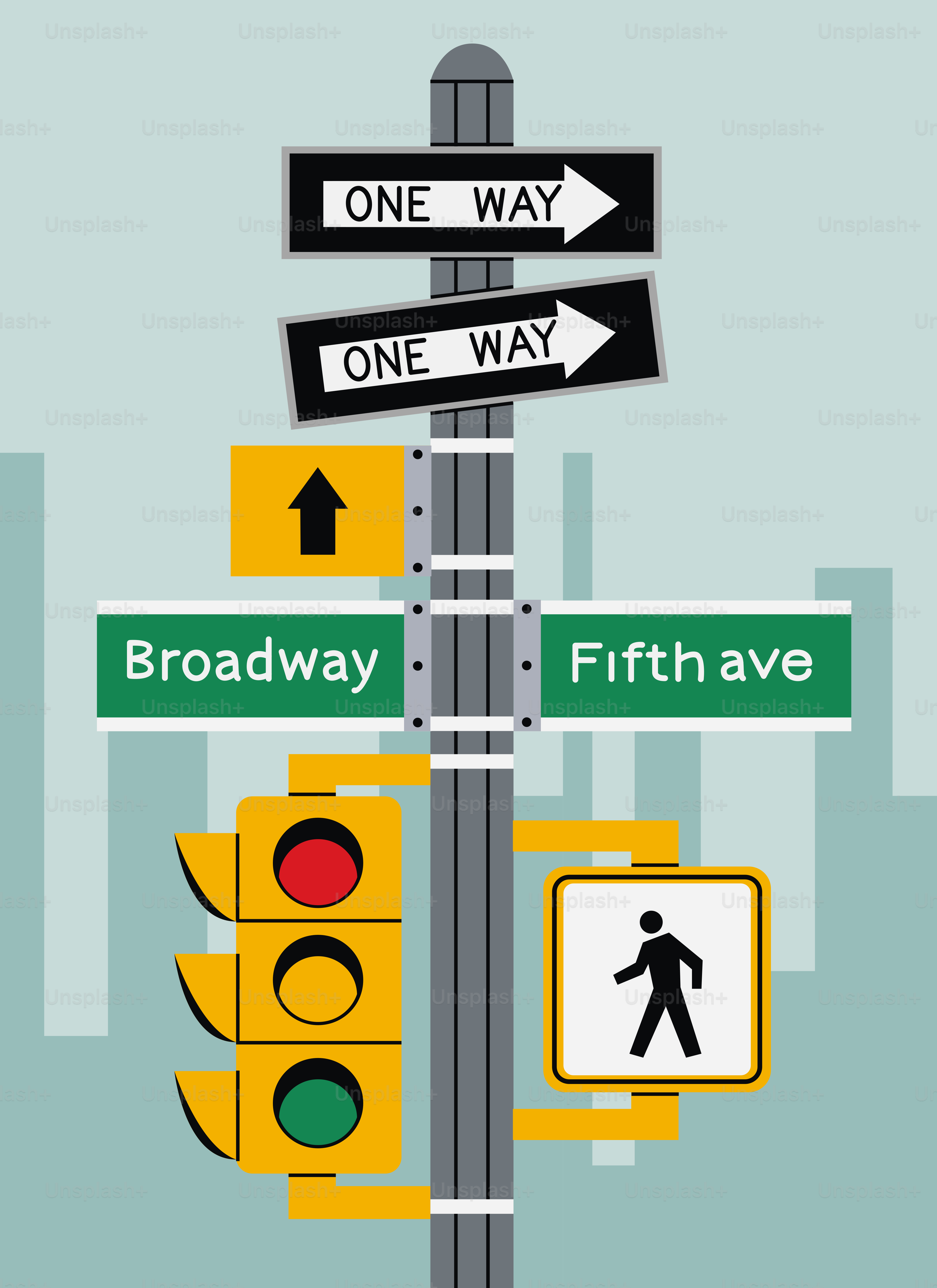 Panneaux de signalisation pour Broadway et Fifth Ave avec feux de circulation.