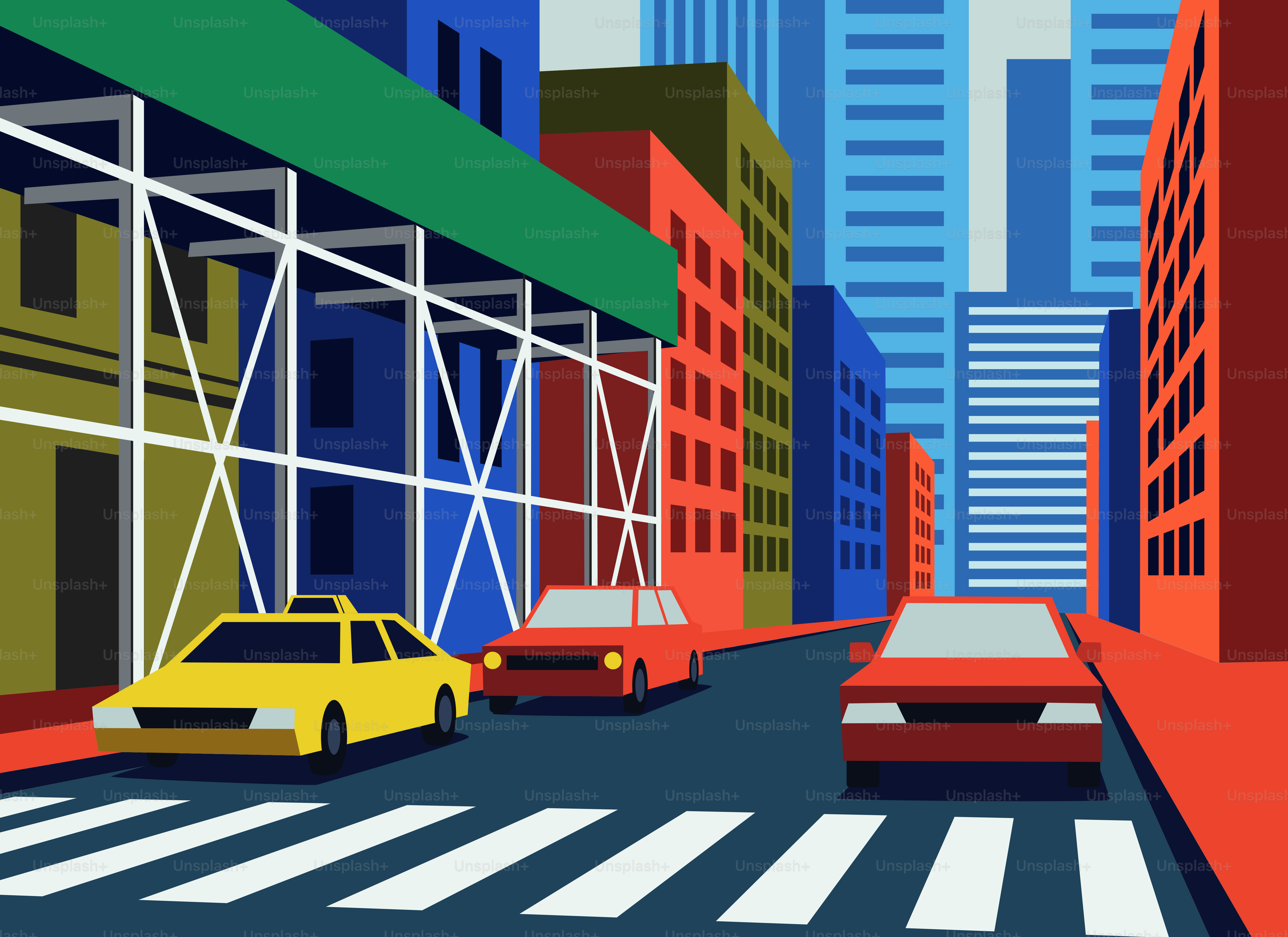 Cars driving on a city street with tall buildings.