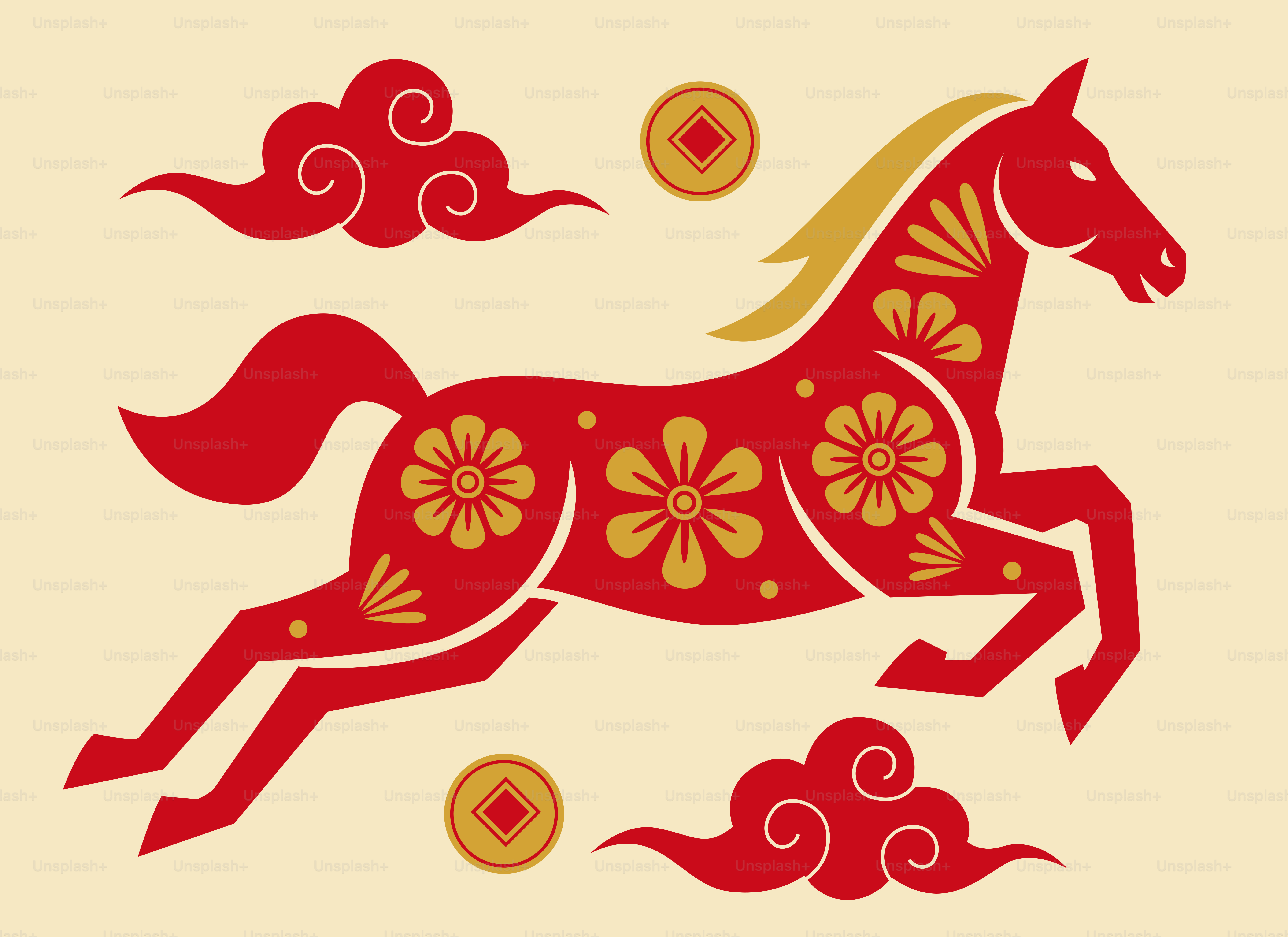 Red horse with gold accents and clouds