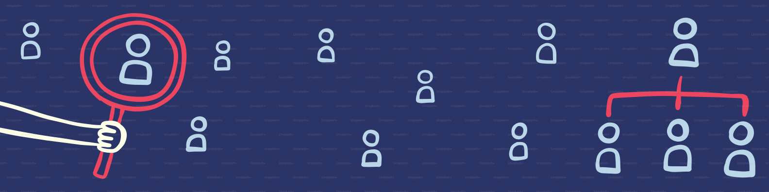 Magnifying glass over person icon, organizational chart.