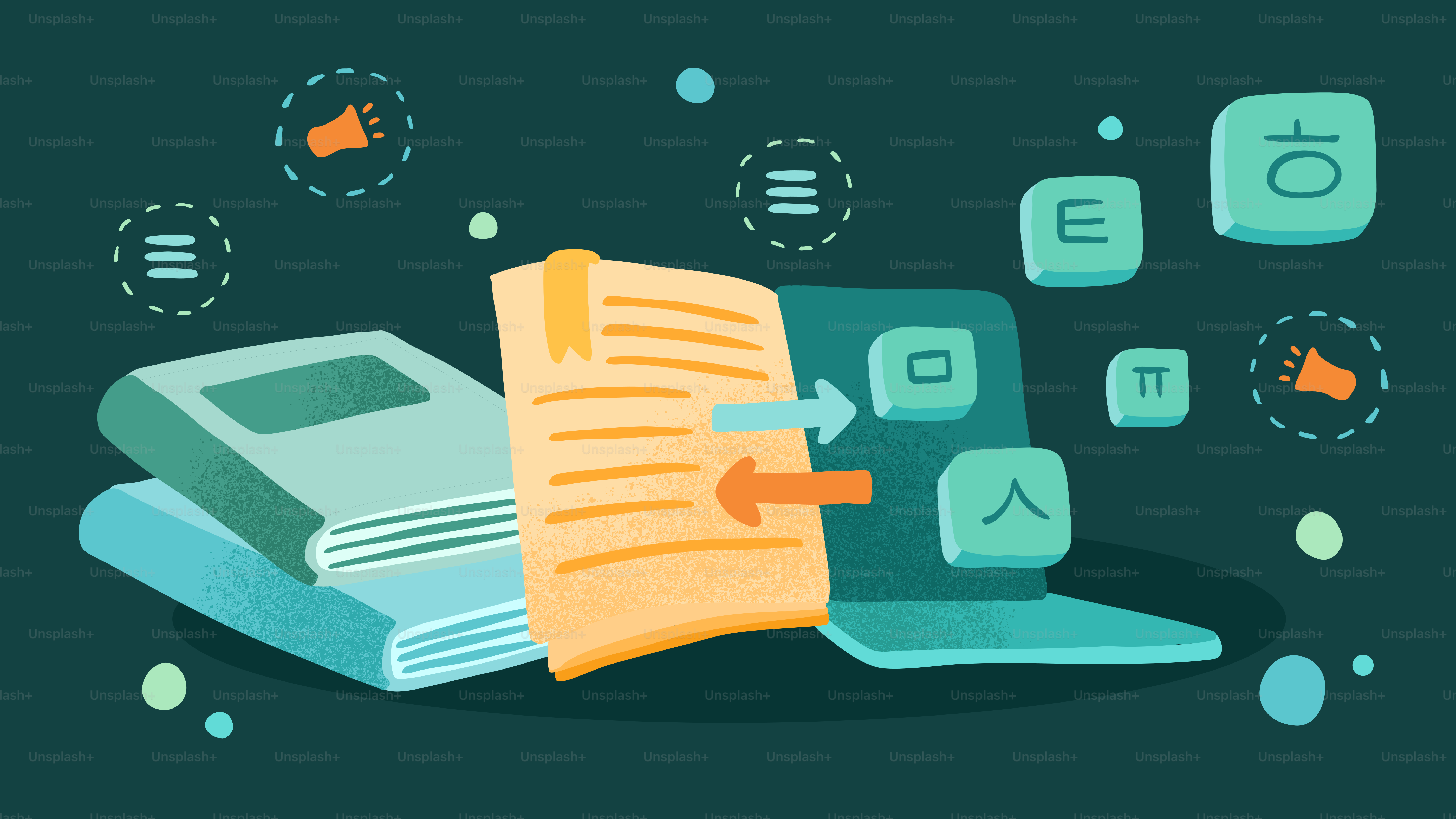 Books and laptop with korean characters and icons