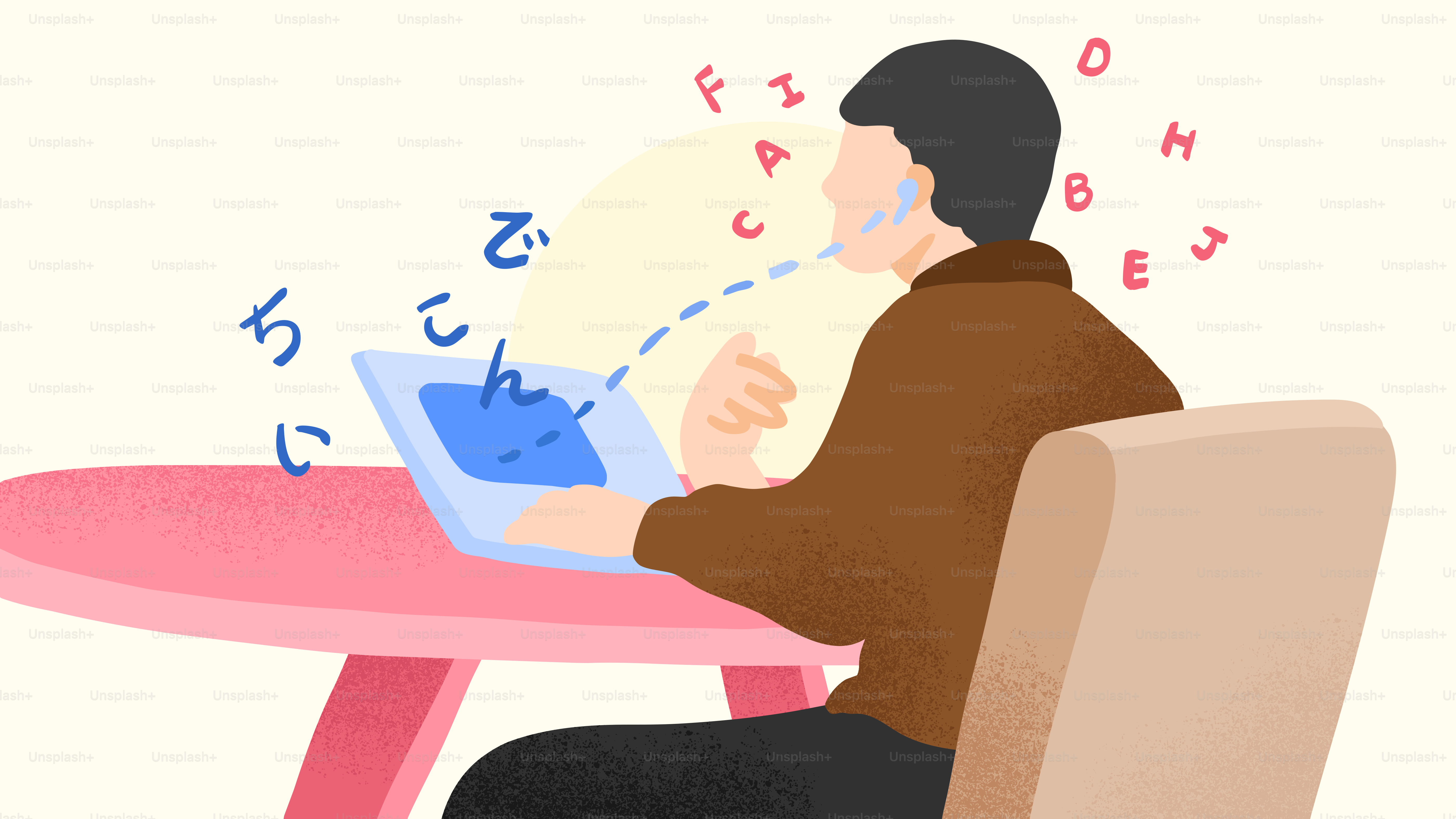 Man typing on laptop with letters floating around