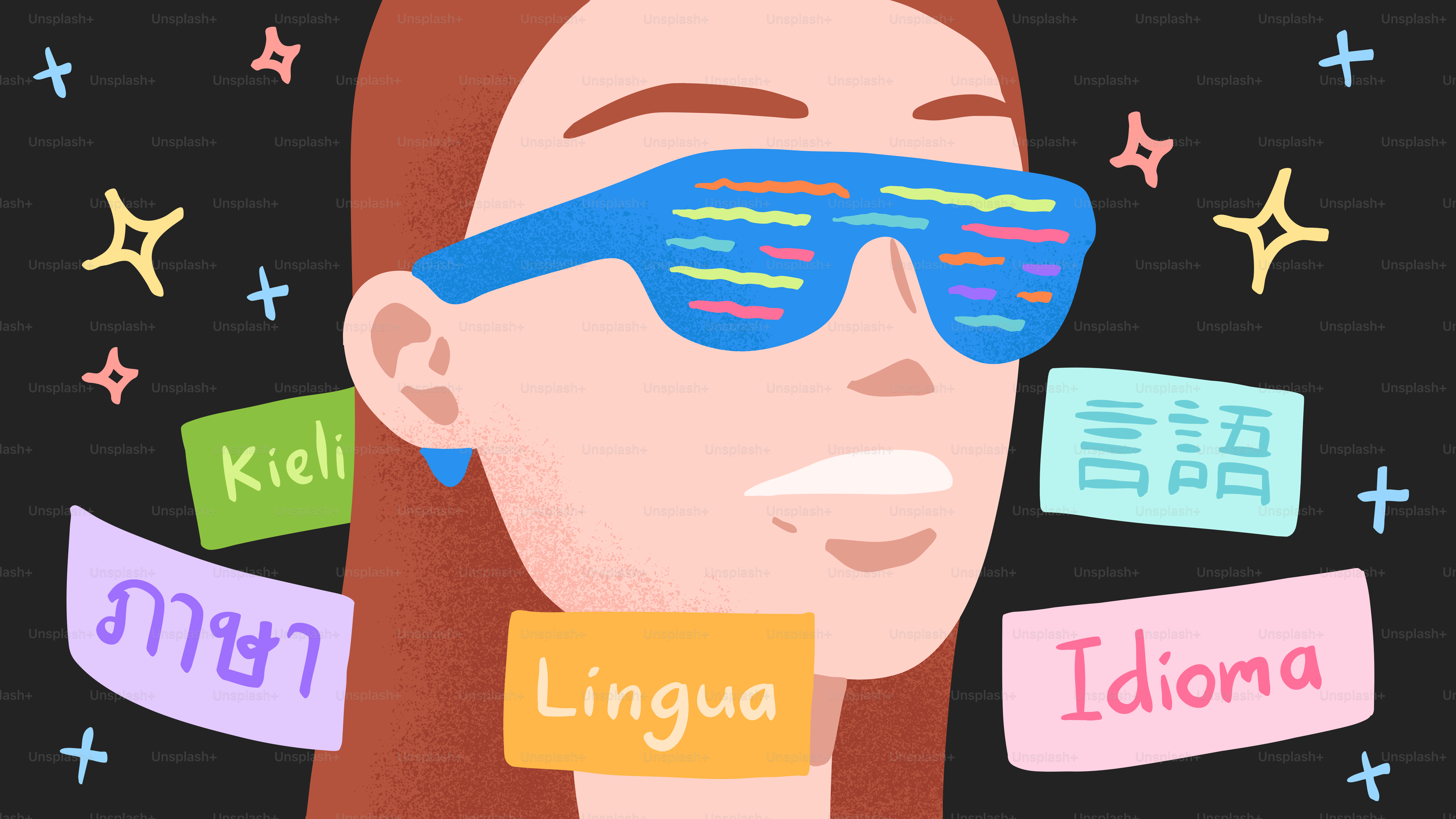 Woman wearing glasses with language symbols