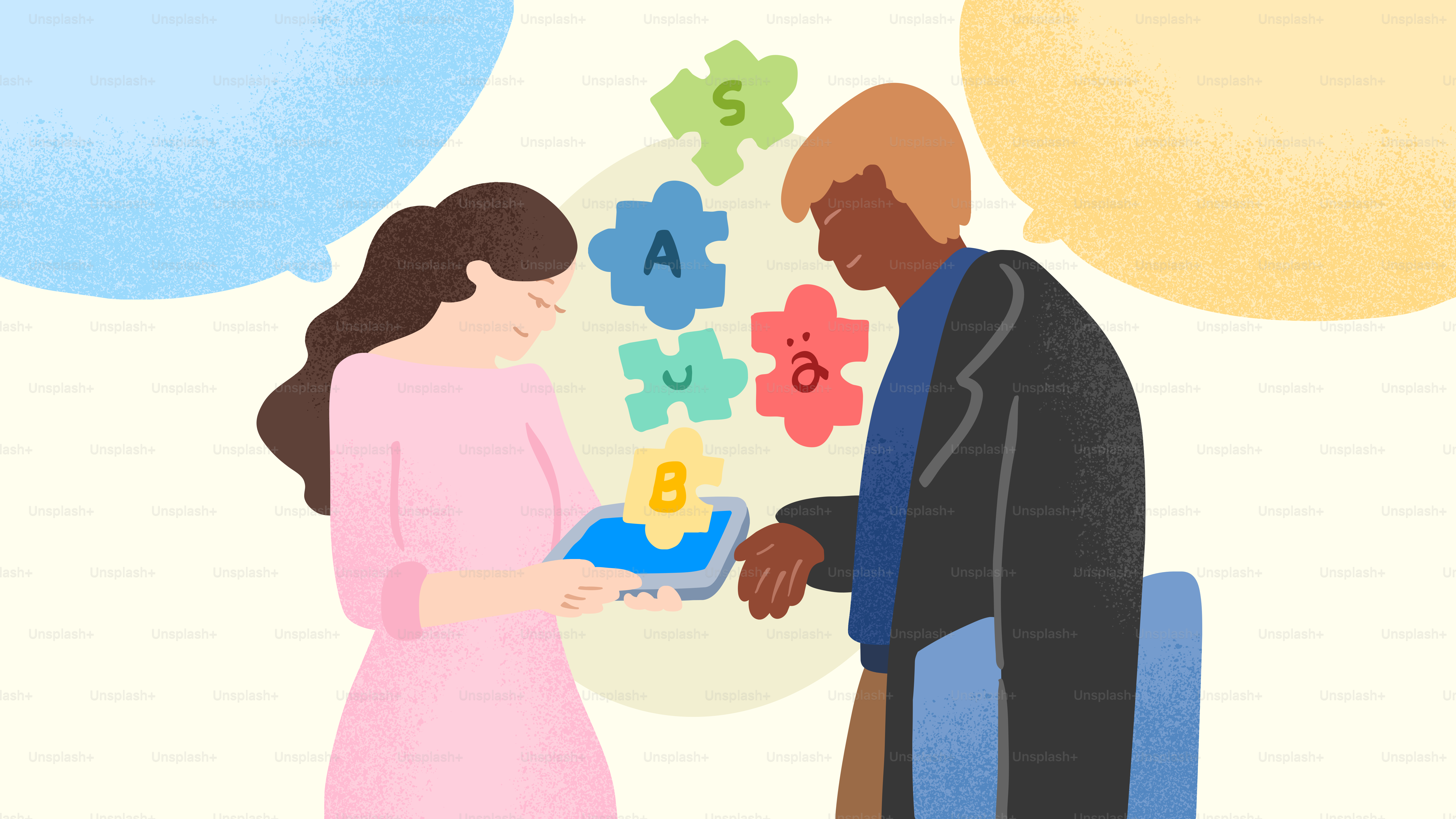 Two people collaborating with gears and letters.