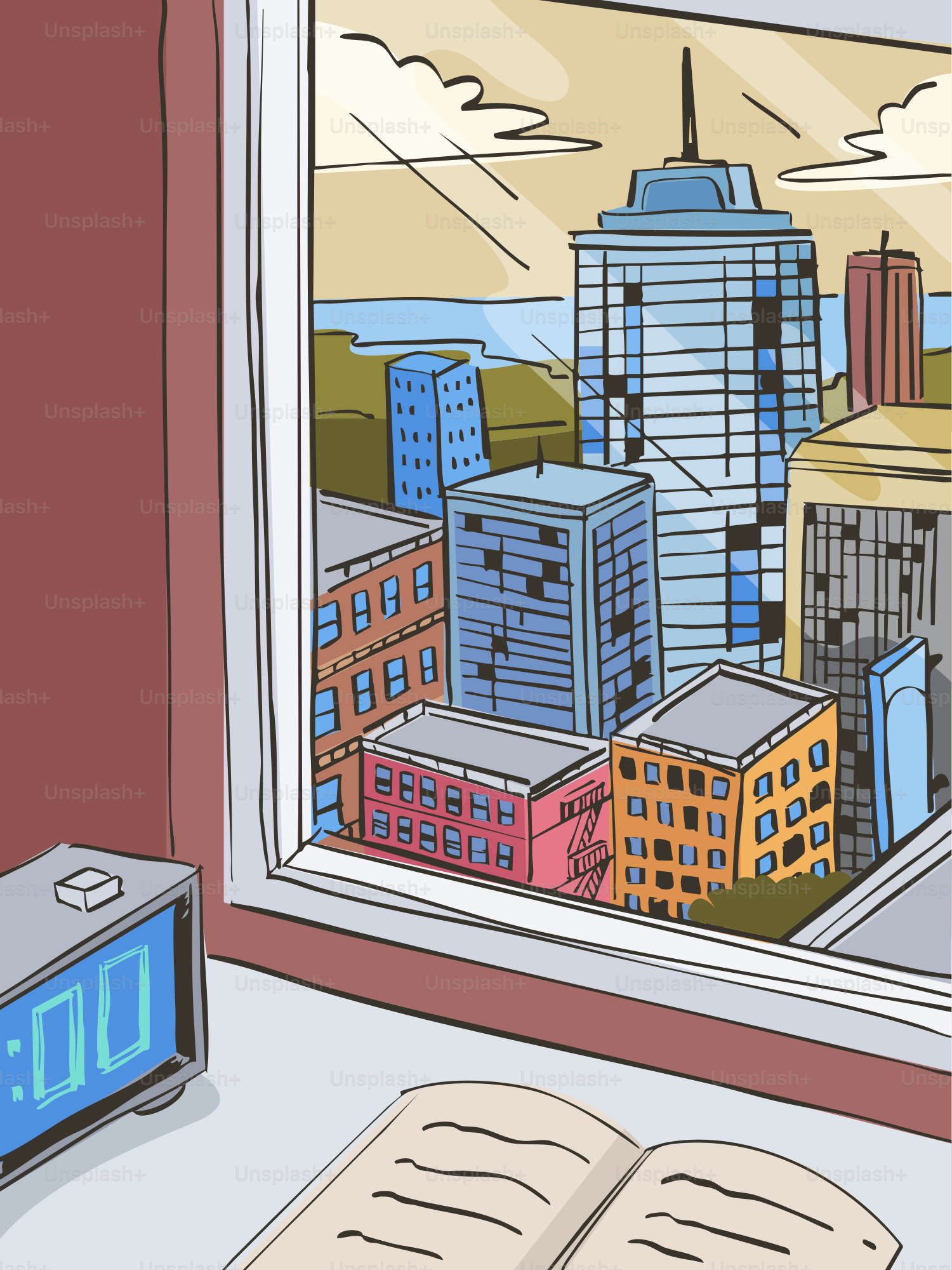 Cityscape view from a window with a book and clock.