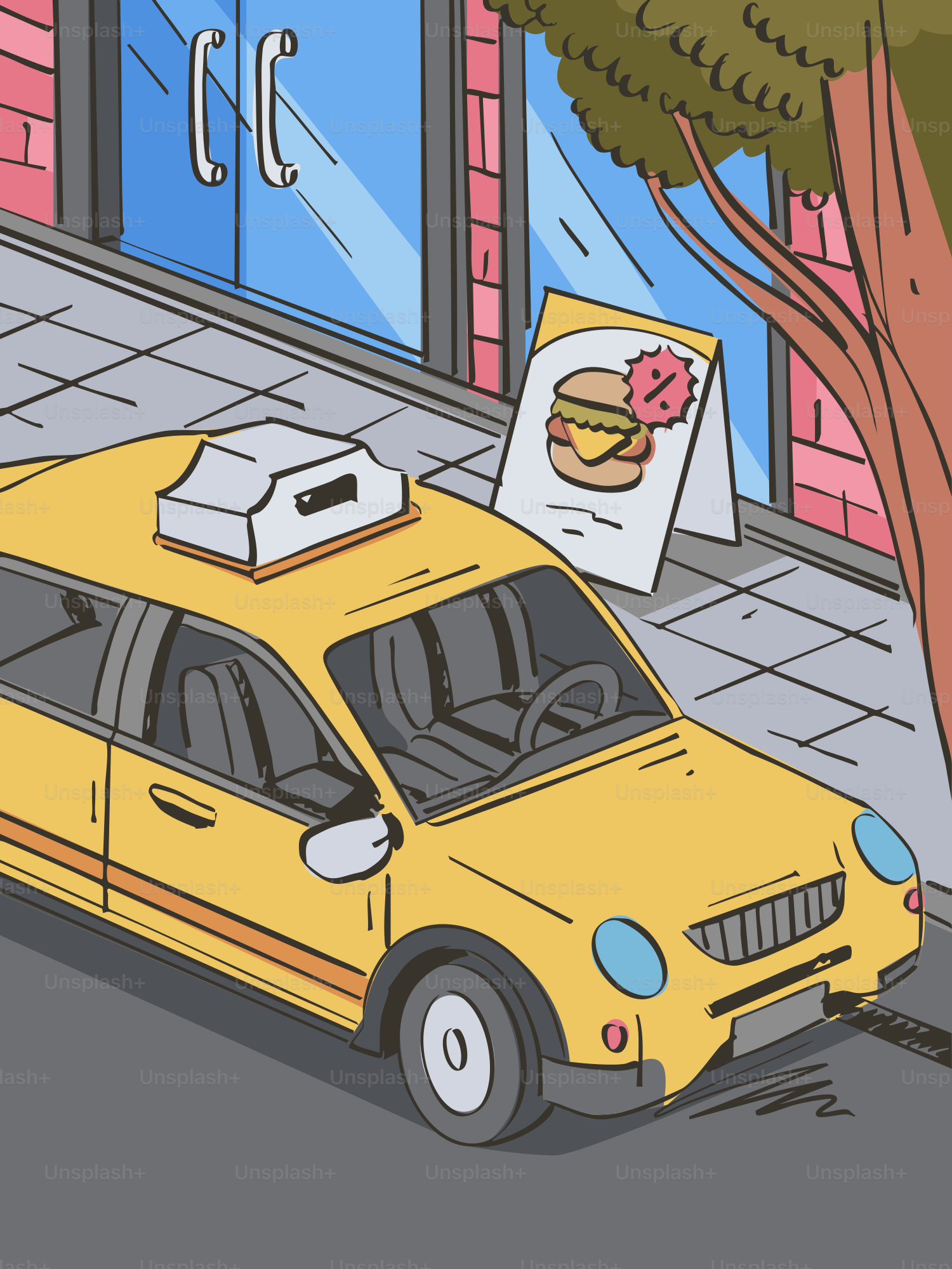 Taxi jaune garé devant un bâtiment avec un panneau de burgers.