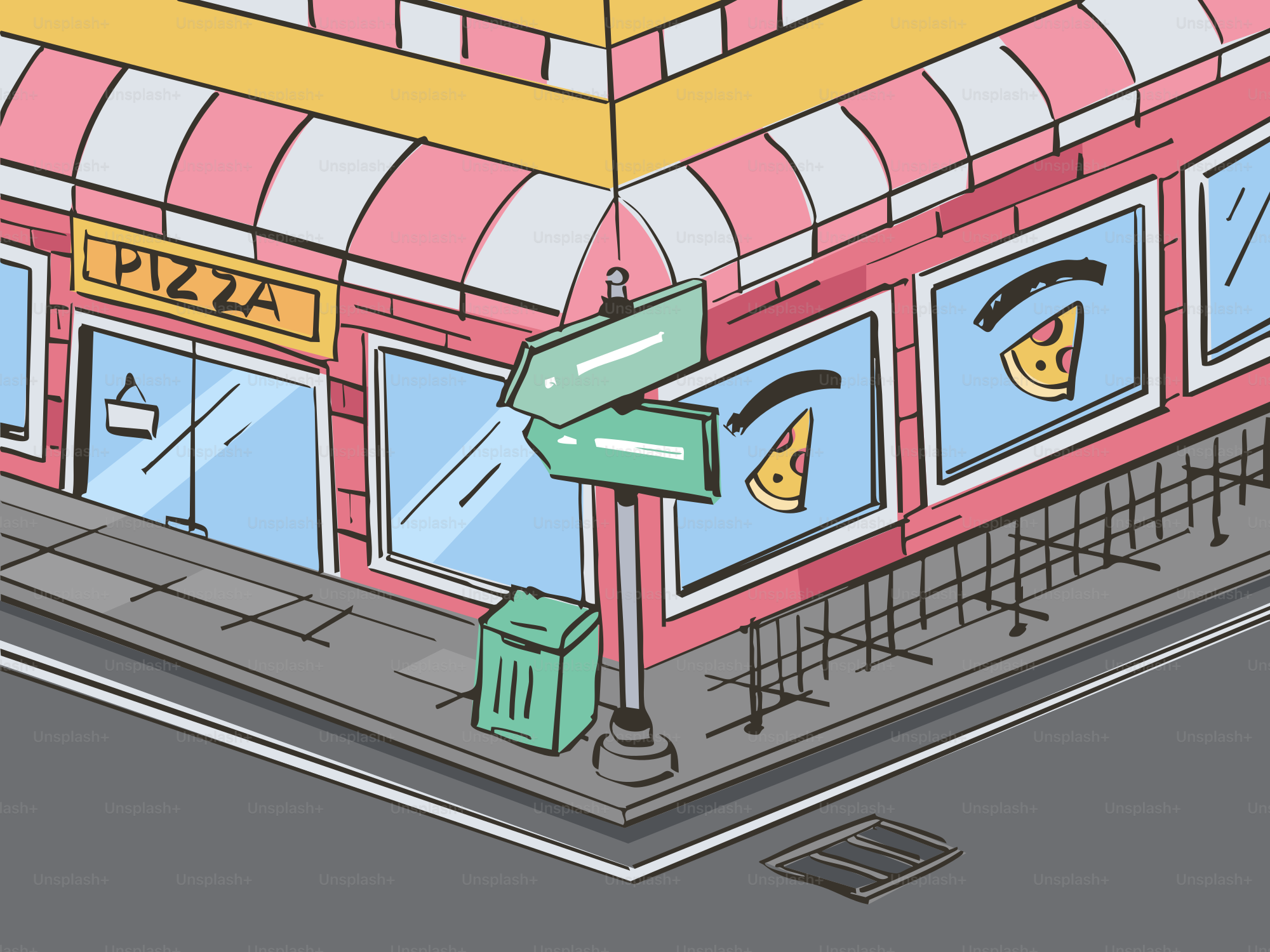 Corner pizza shop with street signs and trash can.
