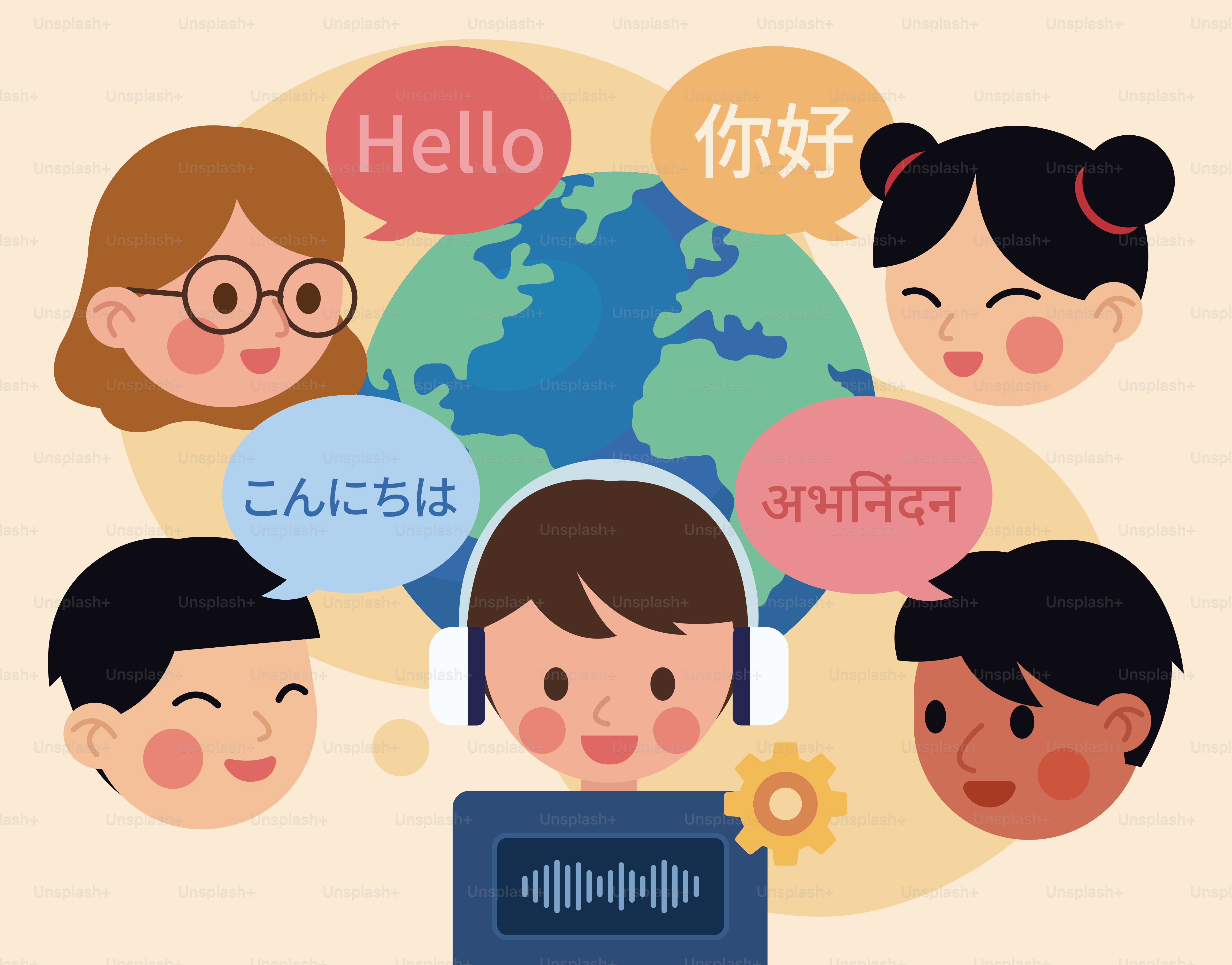 Children speaking different languages around the globe